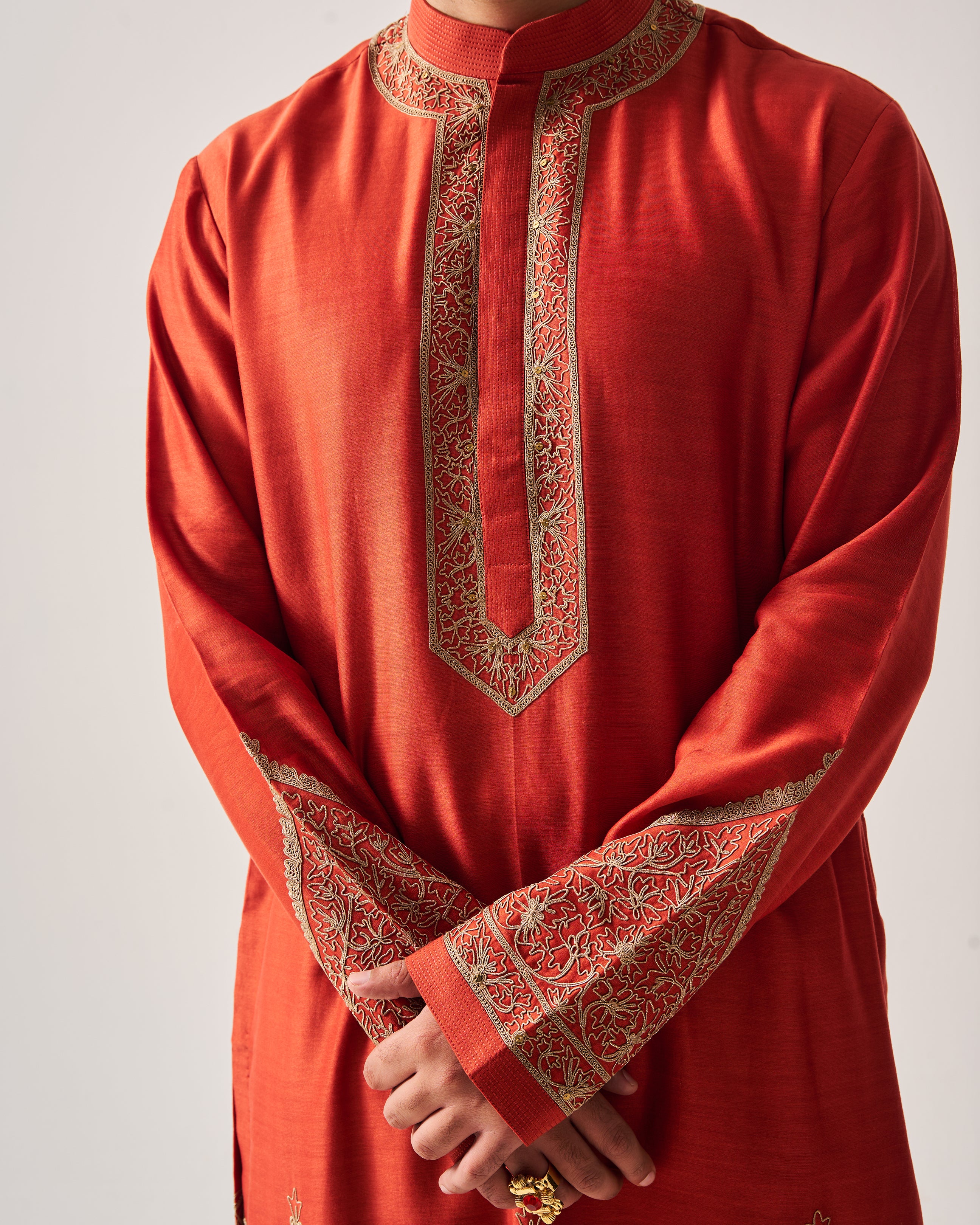 Kurta With Churidar Pants / Chanderi / Rust / Floral Dome / Dori Embroidery