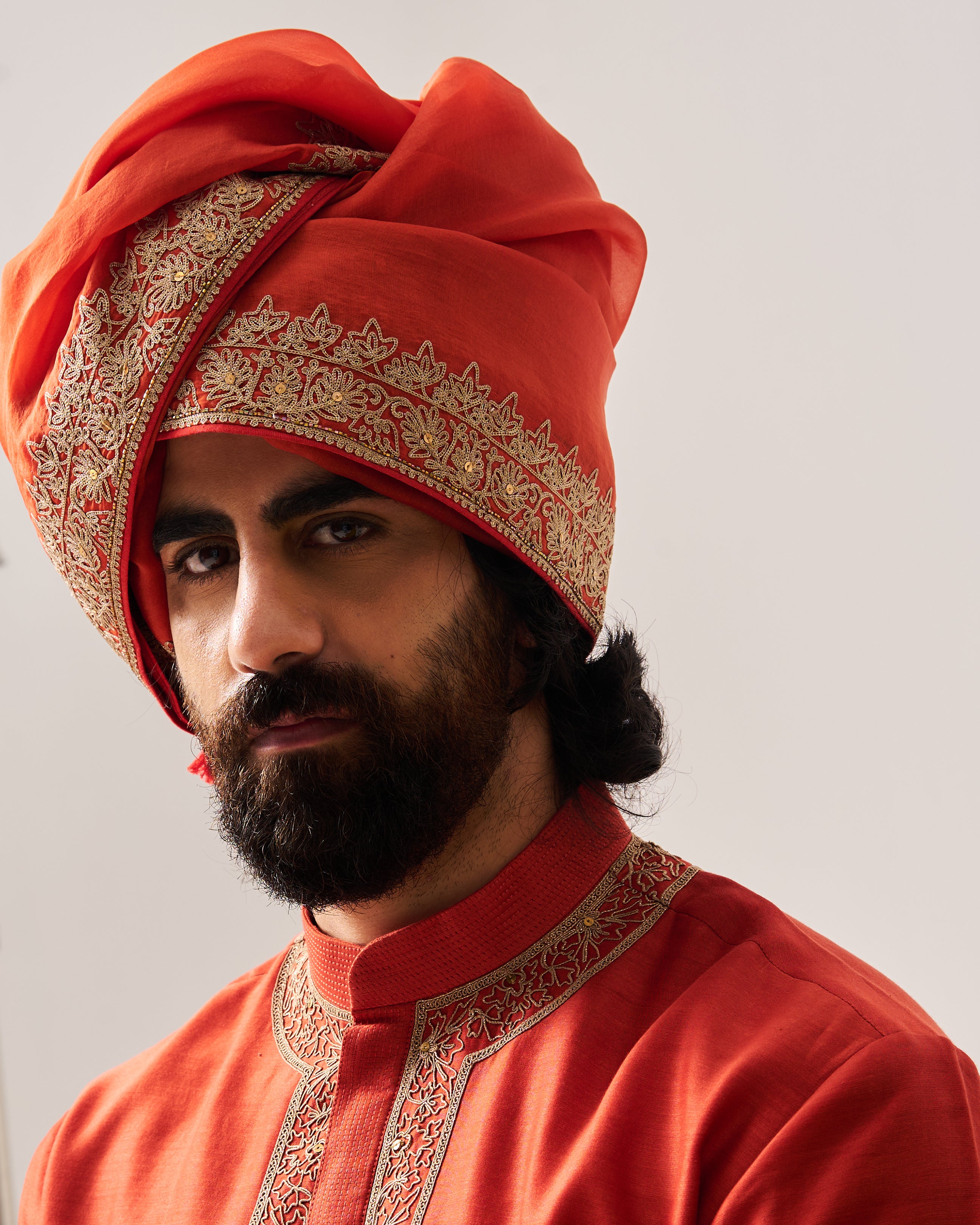 Kurta With Churidar Pants / Chanderi / Rust / Floral Dome / Dori Embroidery