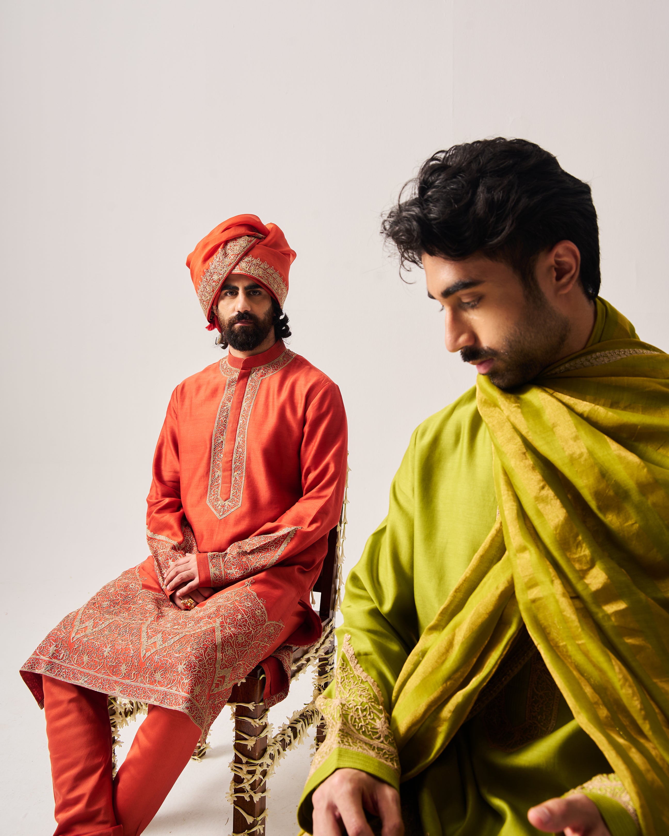 Kurta With Flare Pants / Chanderi / Leaf Green / Floral Dome / Dori Embroidery