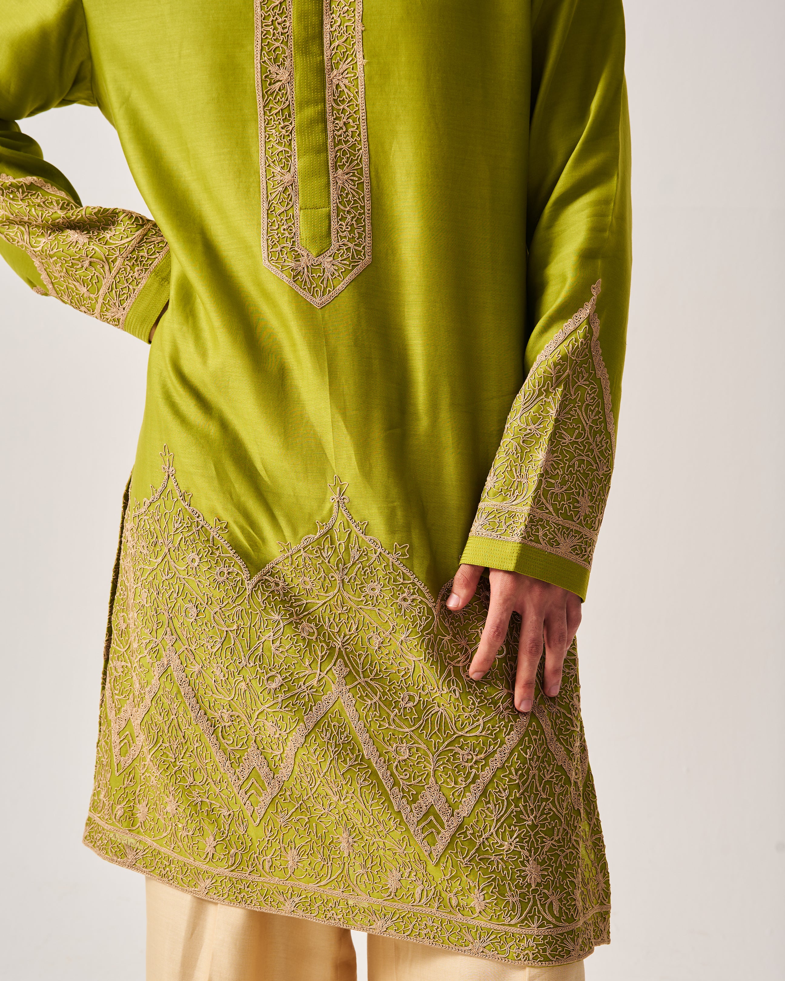 Kurta With Flare Pants / Chanderi / Leaf Green / Floral Dome / Dori Embroidery