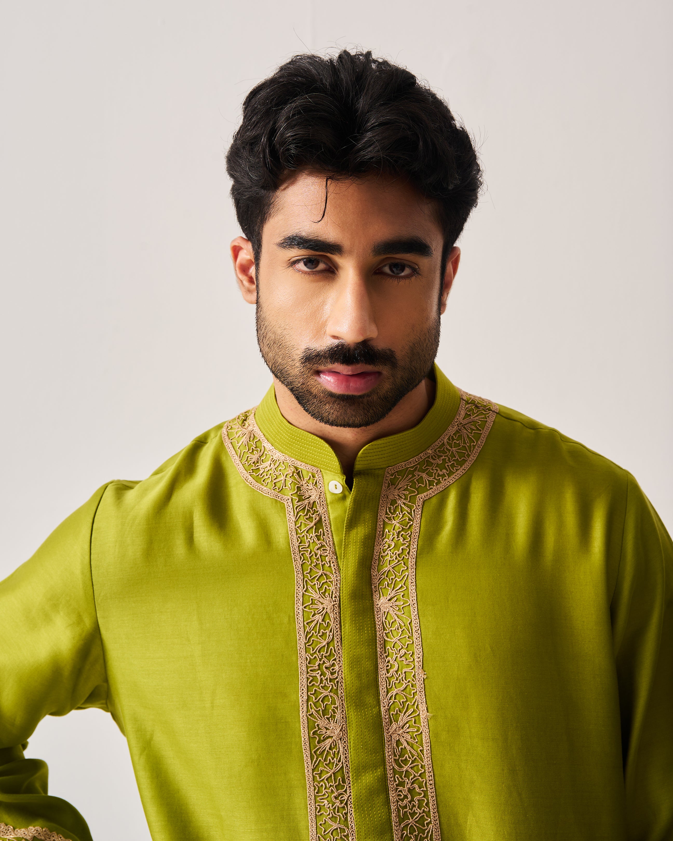 Kurta With Flare Pants / Chanderi / Leaf Green / Floral Dome / Dori Embroidery