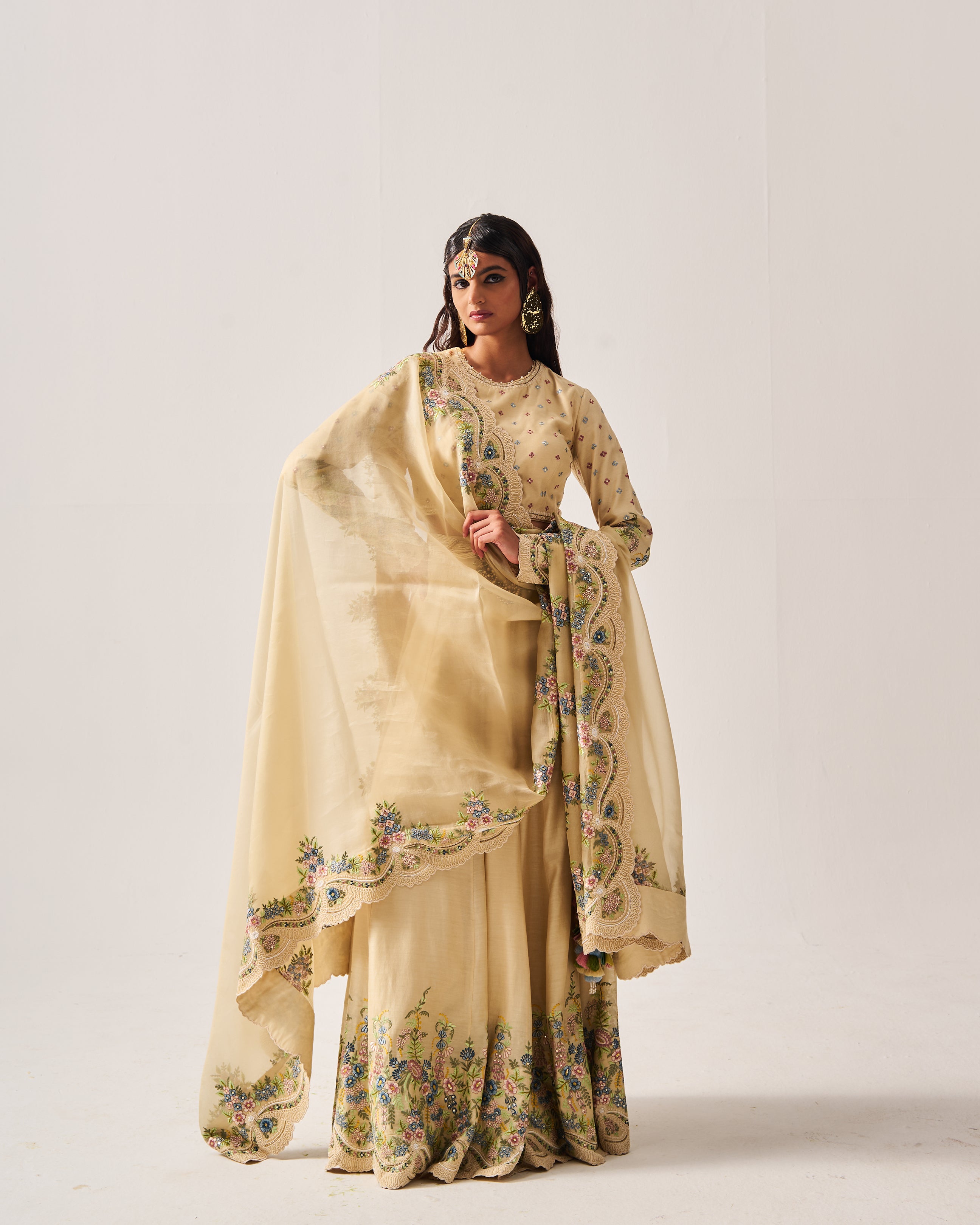 Lehenga with Blouse and Dupatta / Chanderi / Light Beige / Floral Abundance / Resham/Hand Embroidery