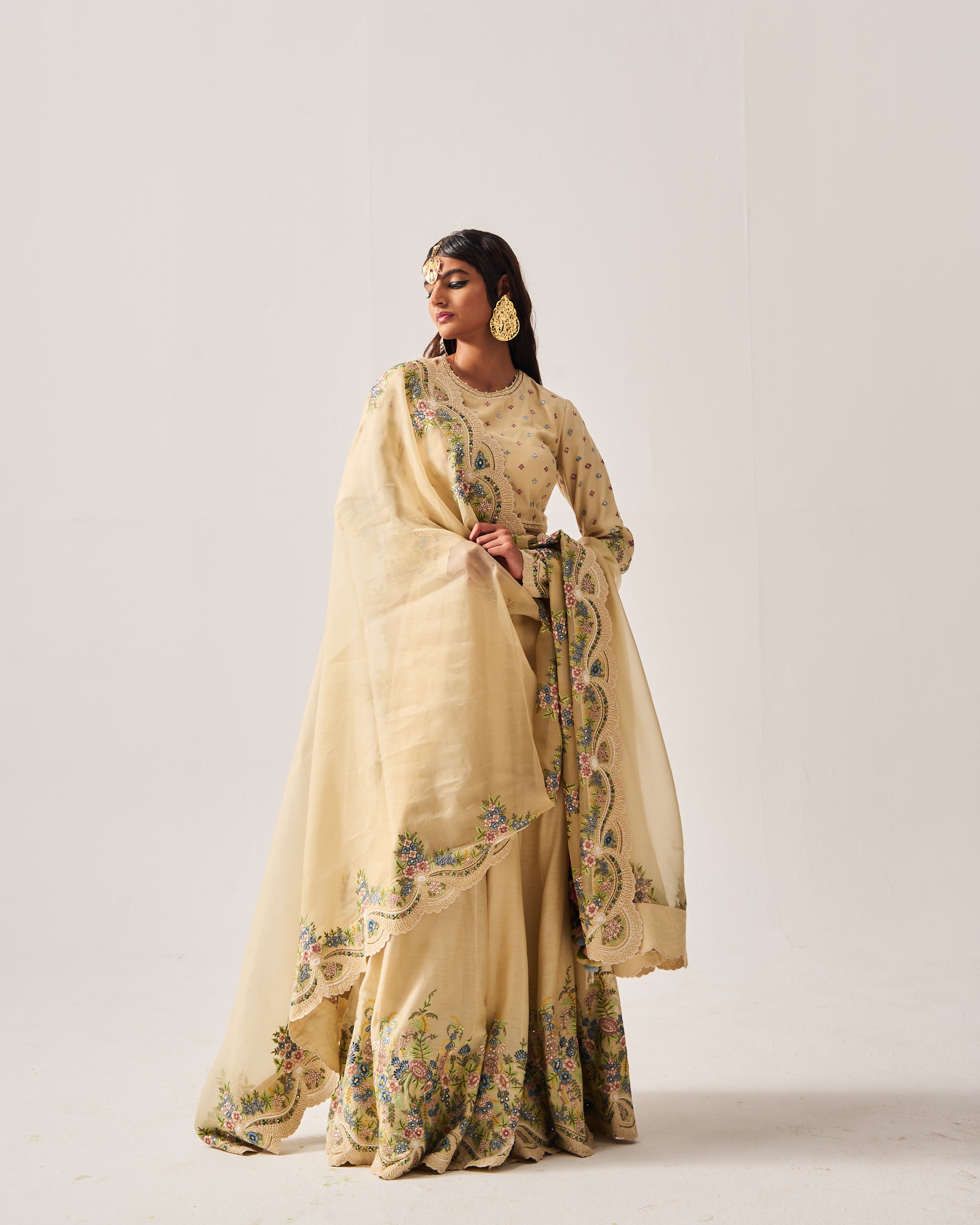 Lehenga with Blouse and Dupatta / Chanderi / Light Beige / Floral Abundance / Resham/Hand Embroidery