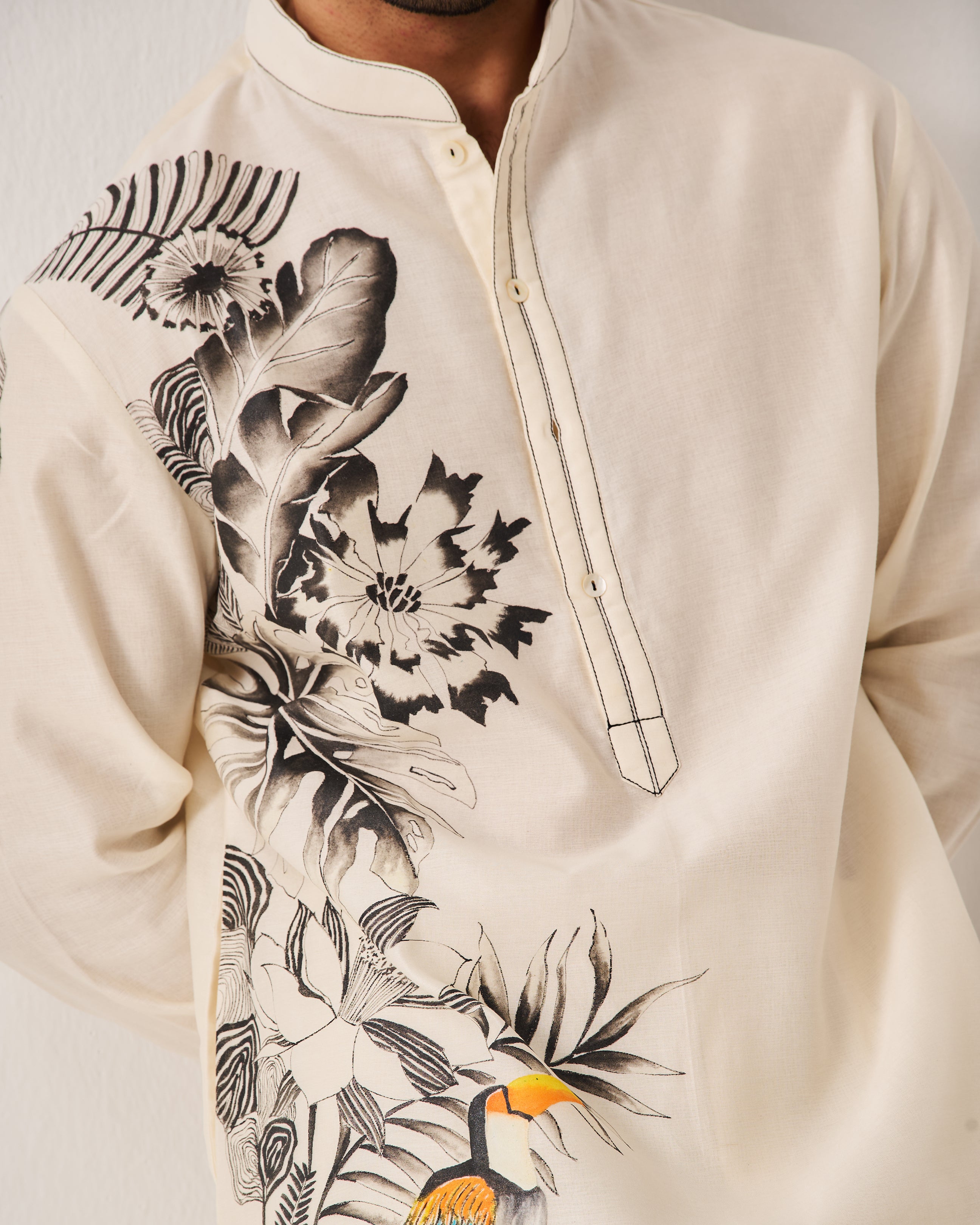 Kurta With Flare Pants / Chanderi / Ivory / Monochrome Garden / Hand Paint