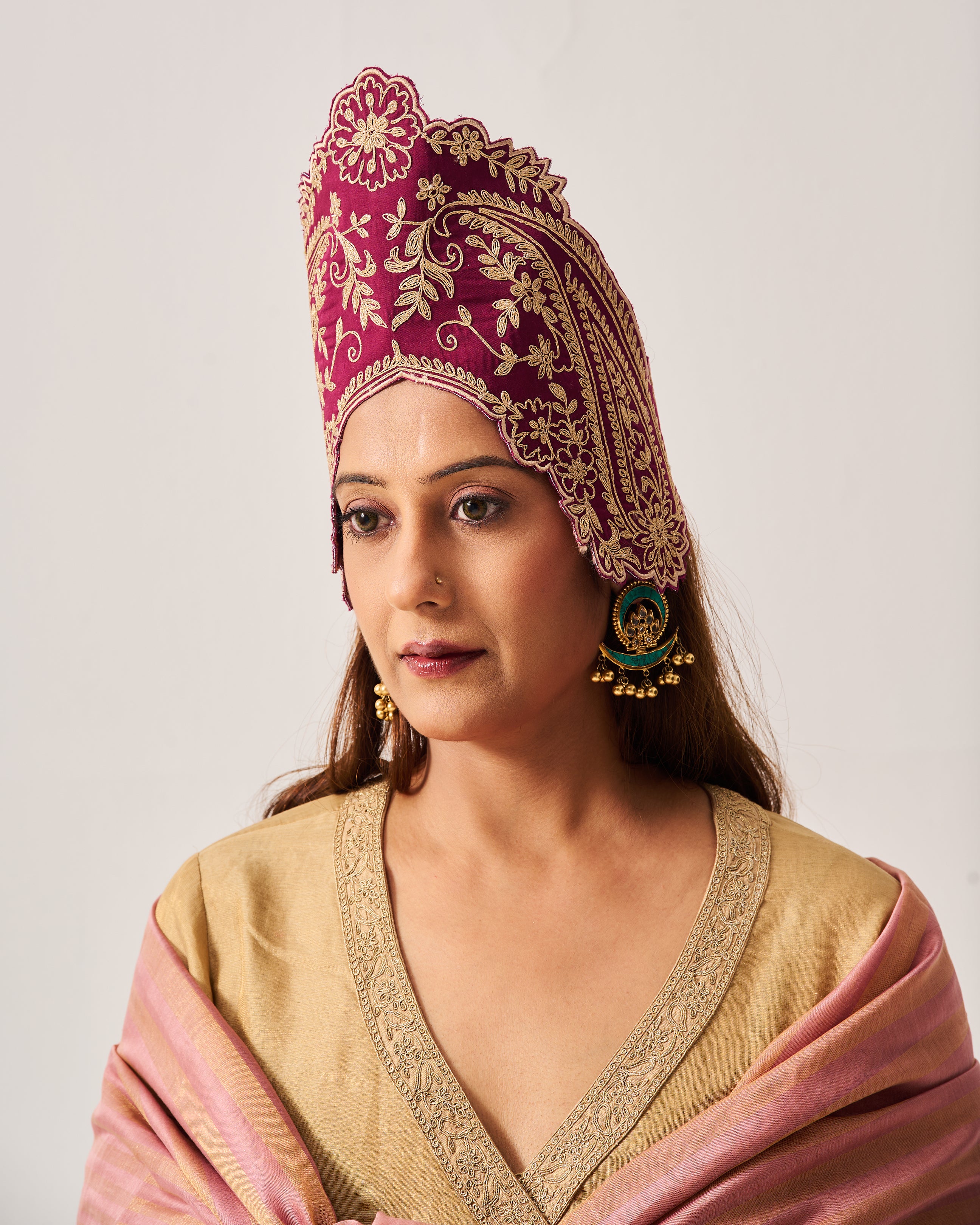 Angrakha Anarkali with Flare Pants and Dupatta / Tissue Woven / Beige / Golden Bloom / Dori/Hand Embroidery