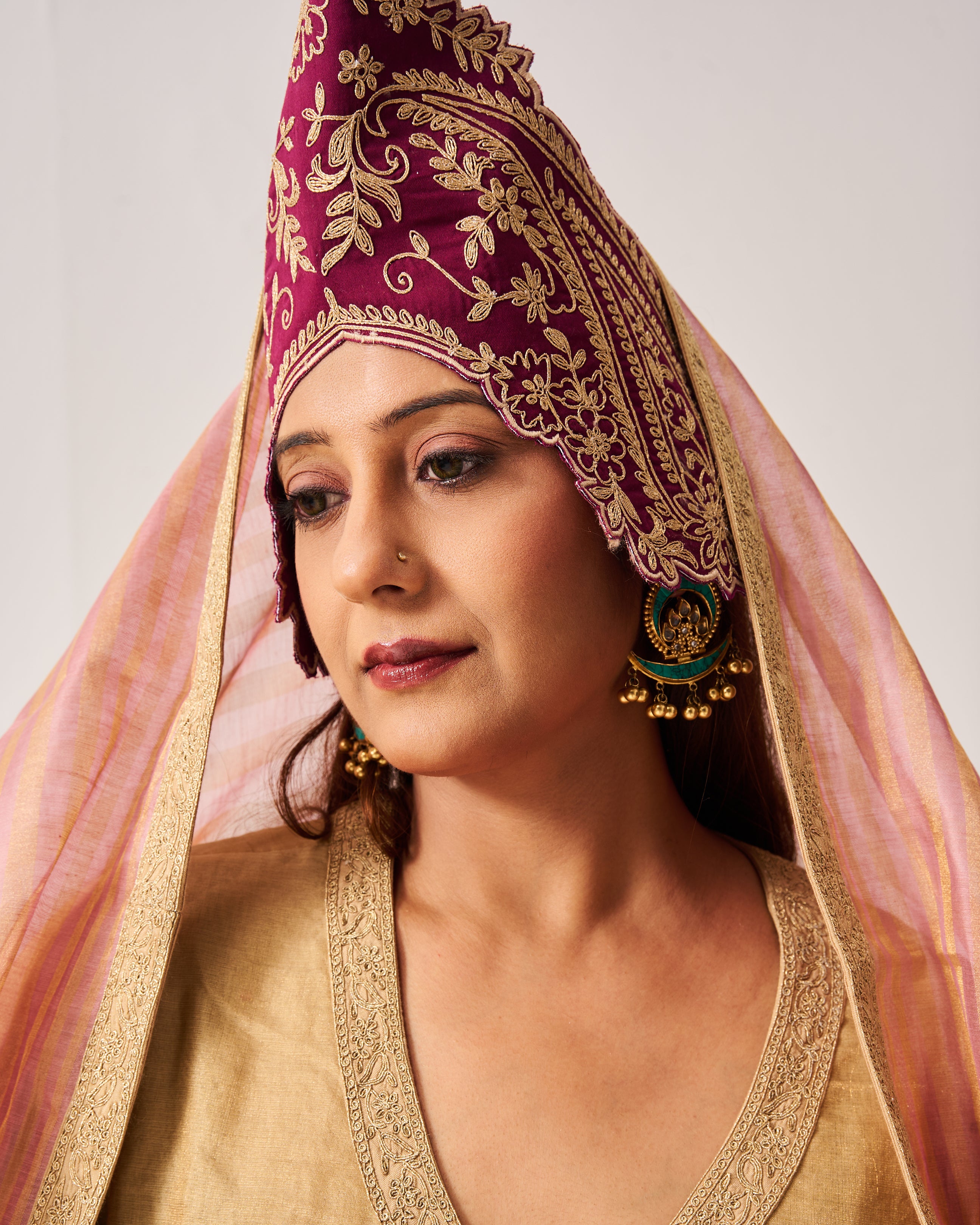 Angrakha Anarkali with Flare Pants and Dupatta / Tissue Woven / Beige / Golden Bloom / Dori/Hand Embroidery