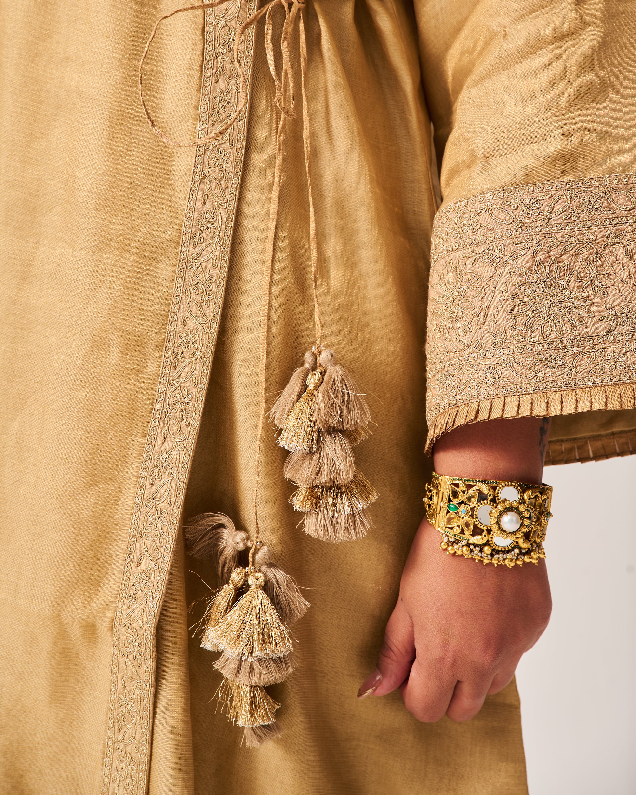 Angrakha Anarkali with Flare Pants and Dupatta / Tissue Woven / Beige / Golden Bloom / Dori/Hand Embroidery