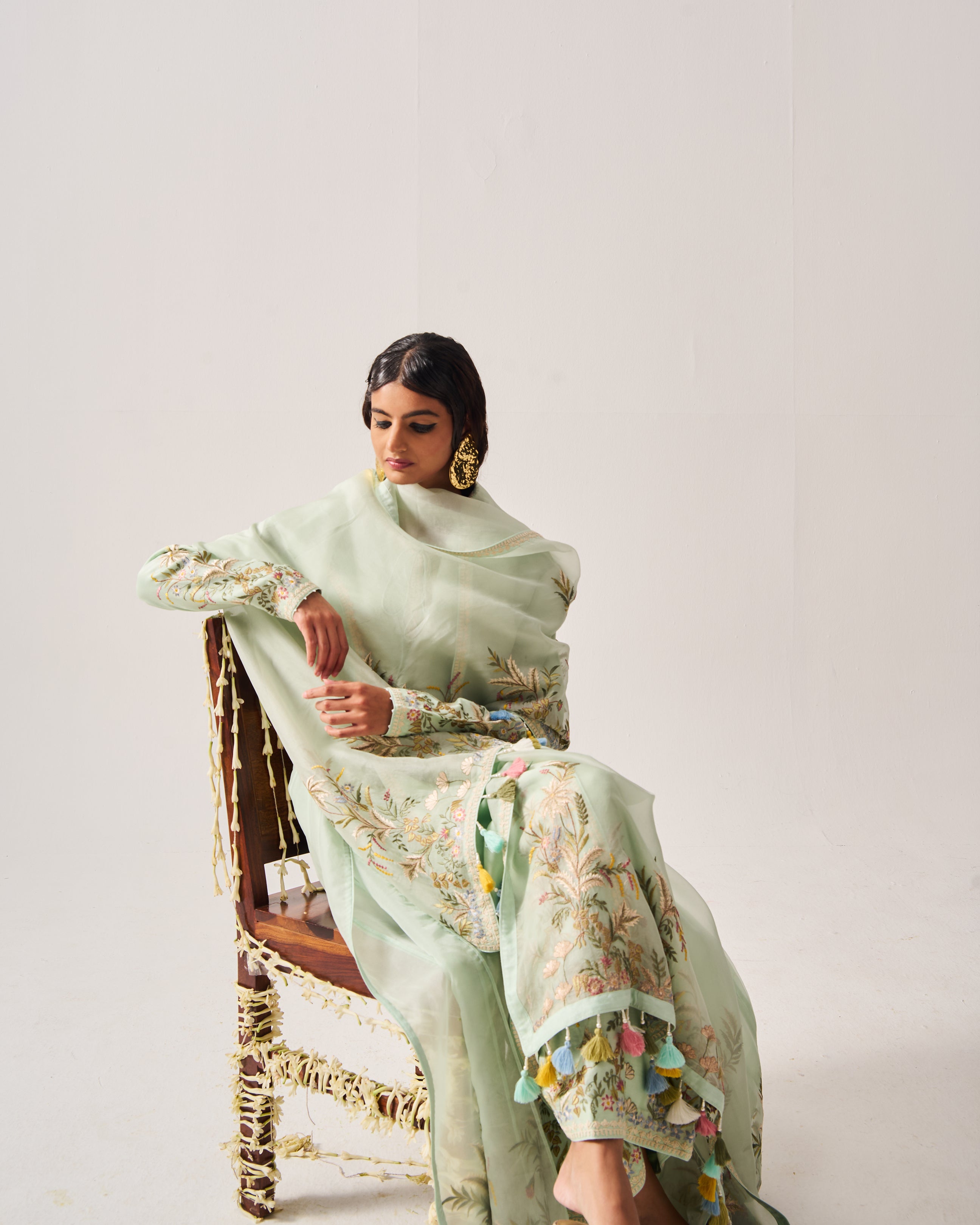 Side Panel Kurta with Flare Pants and Dupatta / Chanderi / Light Sage / Floral Palms / Resham/Hand Embroidery