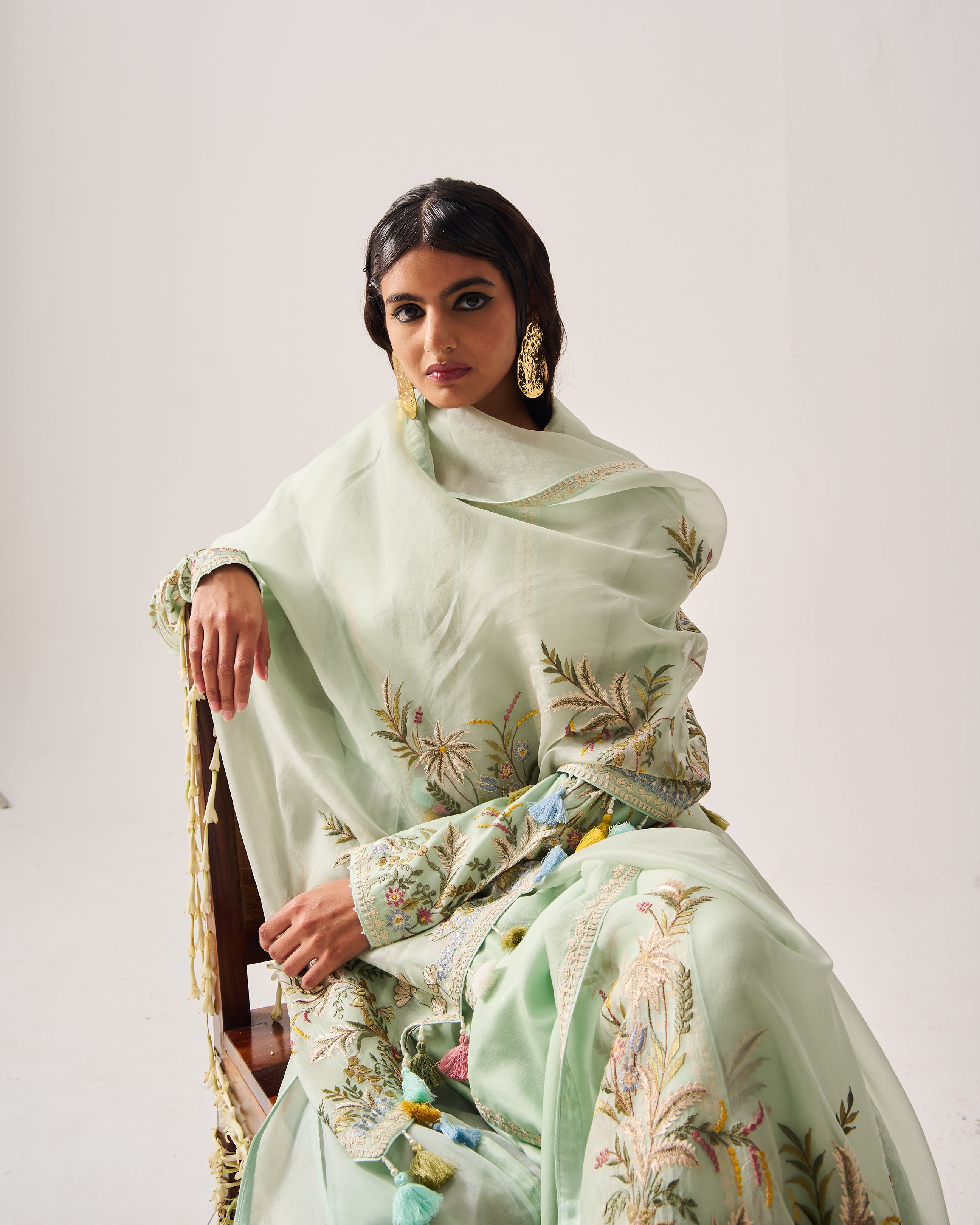 Side Panel Kurta with Flare Pants and Dupatta / Chanderi / Light Sage / Floral Palms / Resham/Hand Embroidery