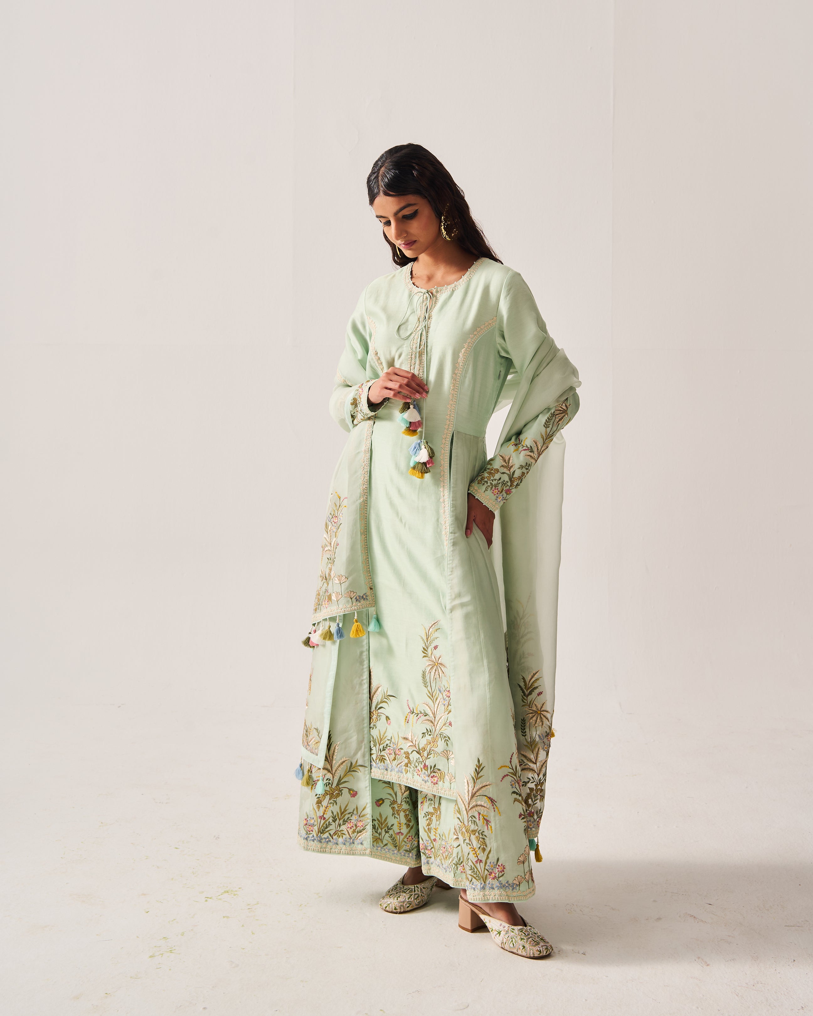 Side Panel Kurta with Flare Pants and Dupatta / Chanderi / Light Sage / Floral Palms / Resham/Hand Embroidery