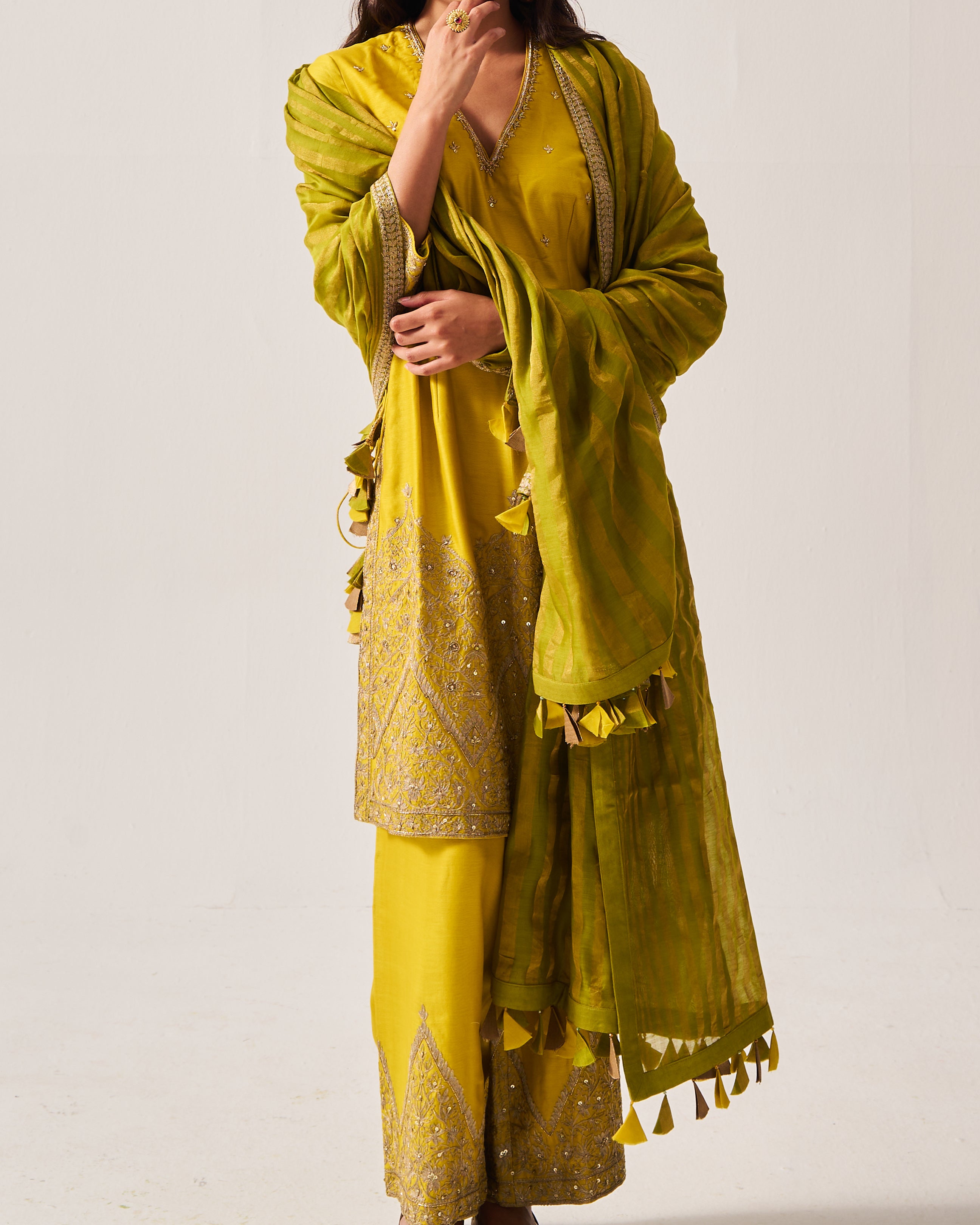 High slit Kurta with Flare Pants and Dupatta / Chanderi / Mustard / Floral Dome / Aari/Hand Embroidery
