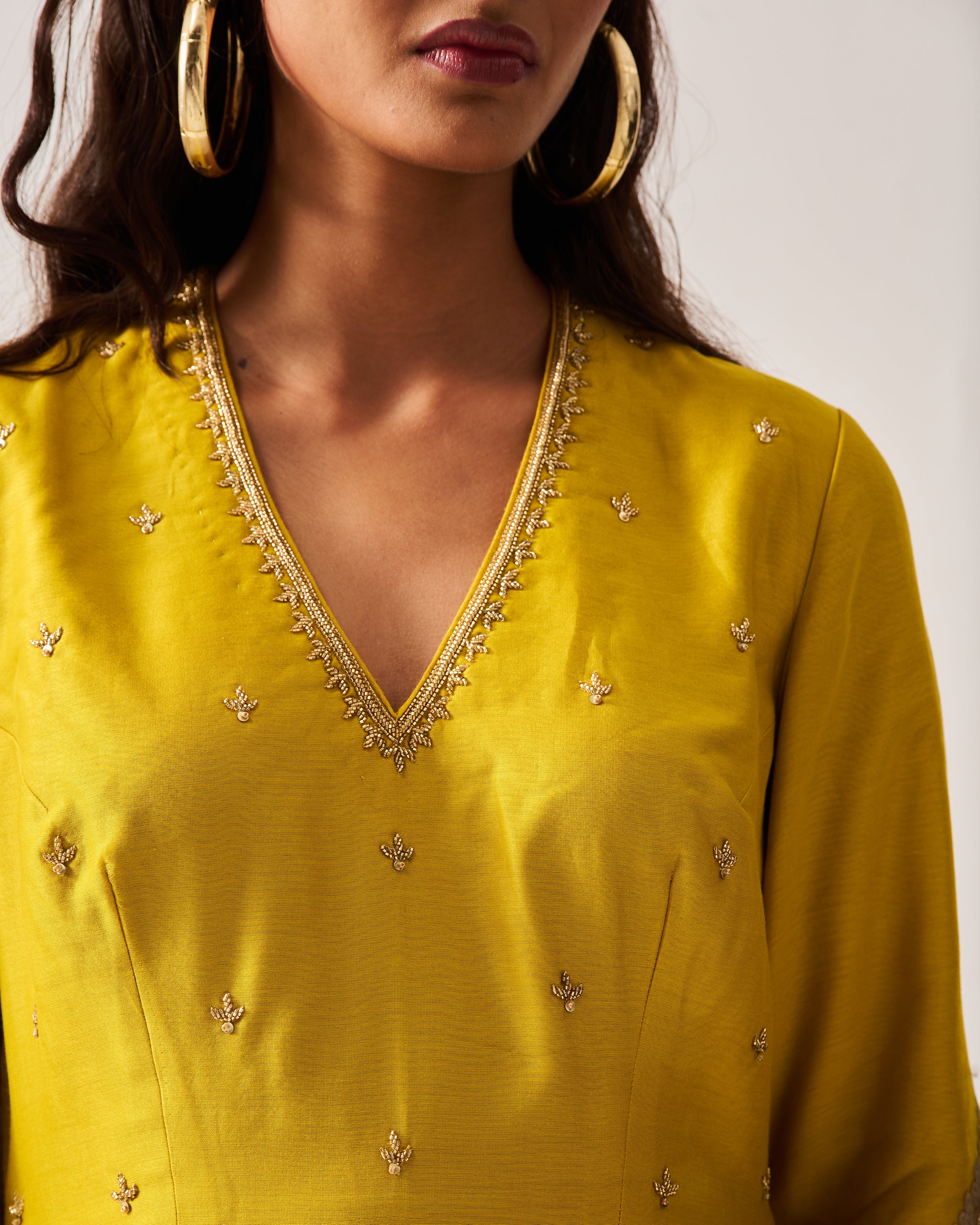 High slit Kurta with Flare Pants and Dupatta / Chanderi / Mustard / Floral Dome / Aari/Hand Embroidery