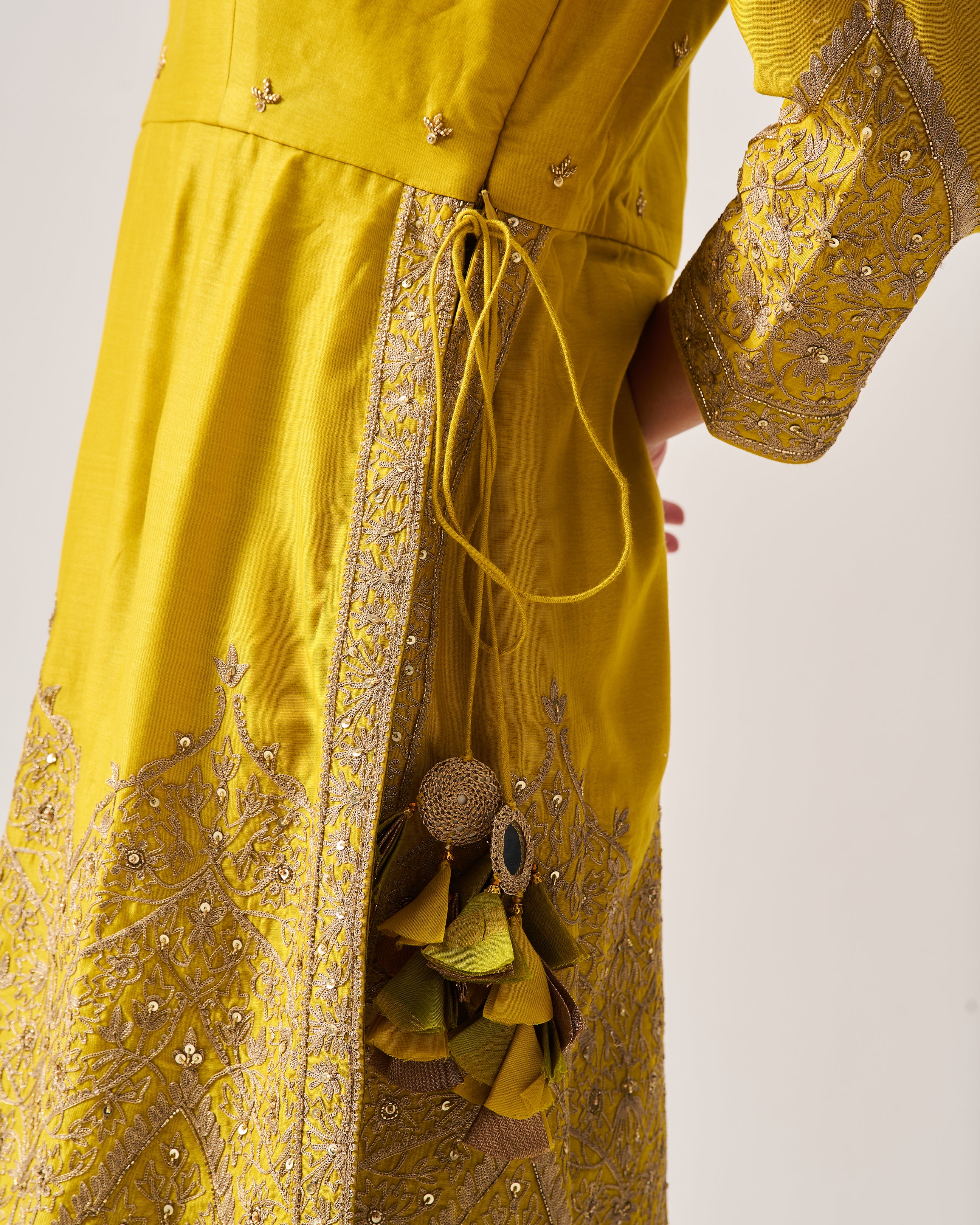 High slit Kurta with Flare Pants and Dupatta / Chanderi / Mustard / Floral Dome / Aari/Hand Embroidery