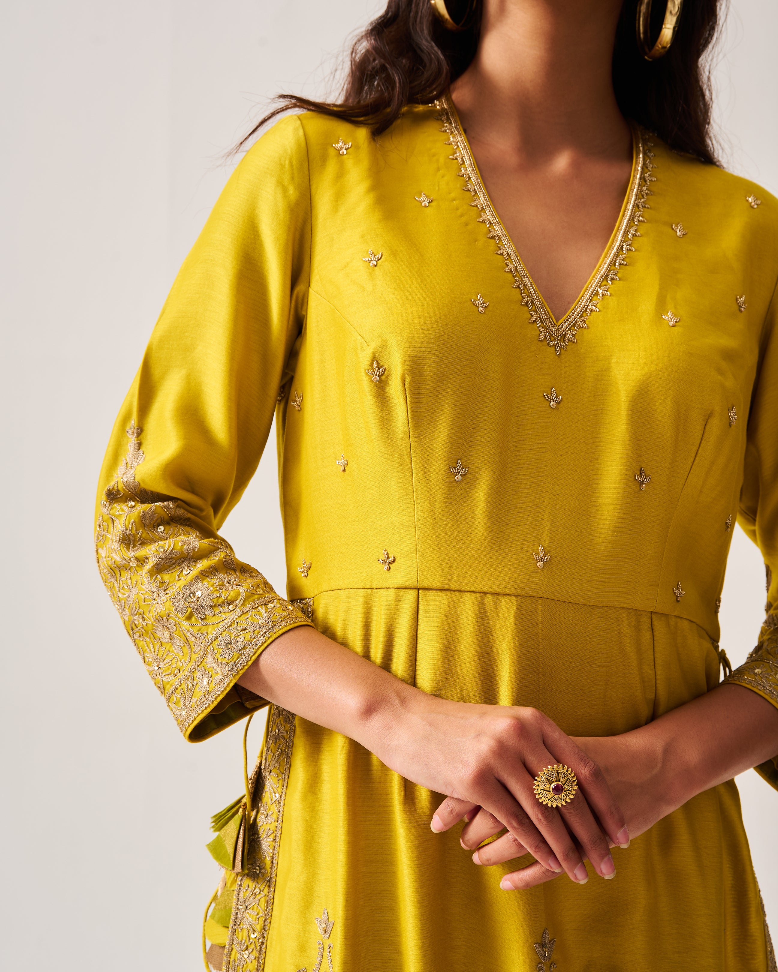 High slit Kurta with Flare Pants and Dupatta / Chanderi / Mustard / Floral Dome / Aari/Hand Embroidery