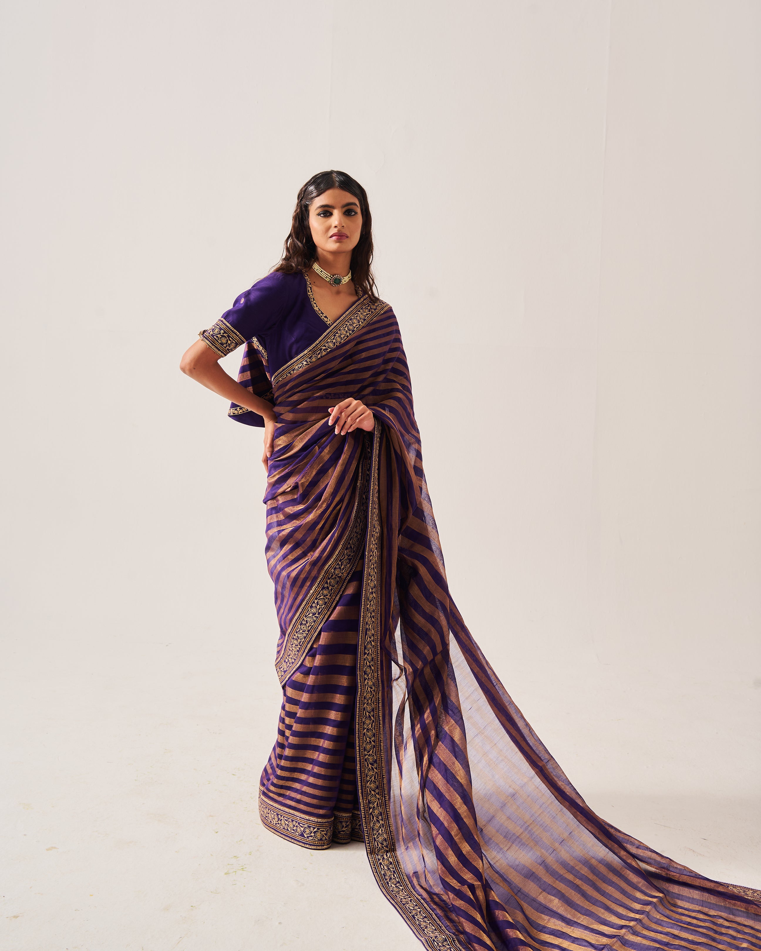 Saree with Stitched Blouse / Chanderi Woven / Purple / Stripes Saree / Dori/Hand Embroidery