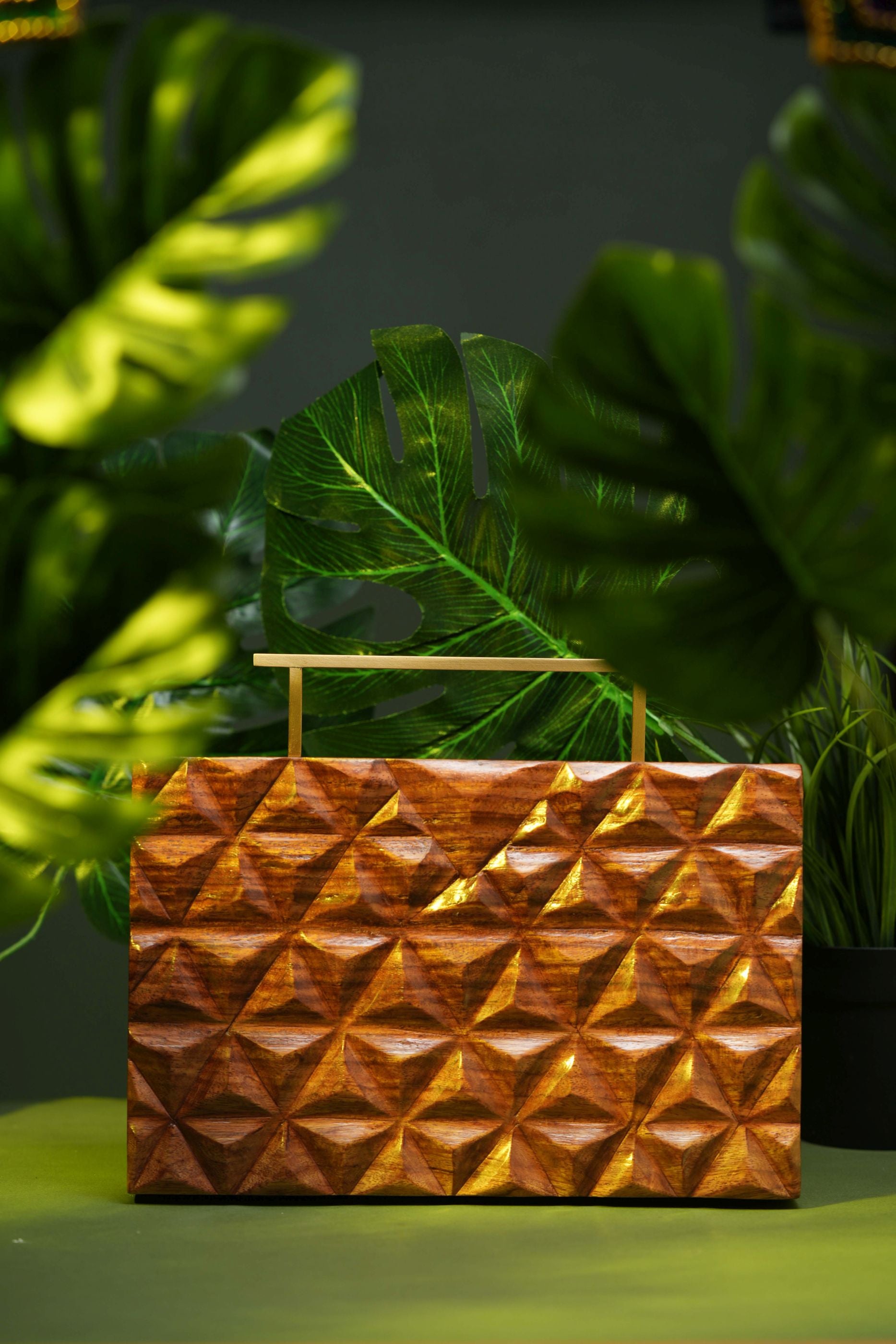 HAND CARVED TRIANGULAR PATTERN BAG WITH RECTANGULAR HANDLE