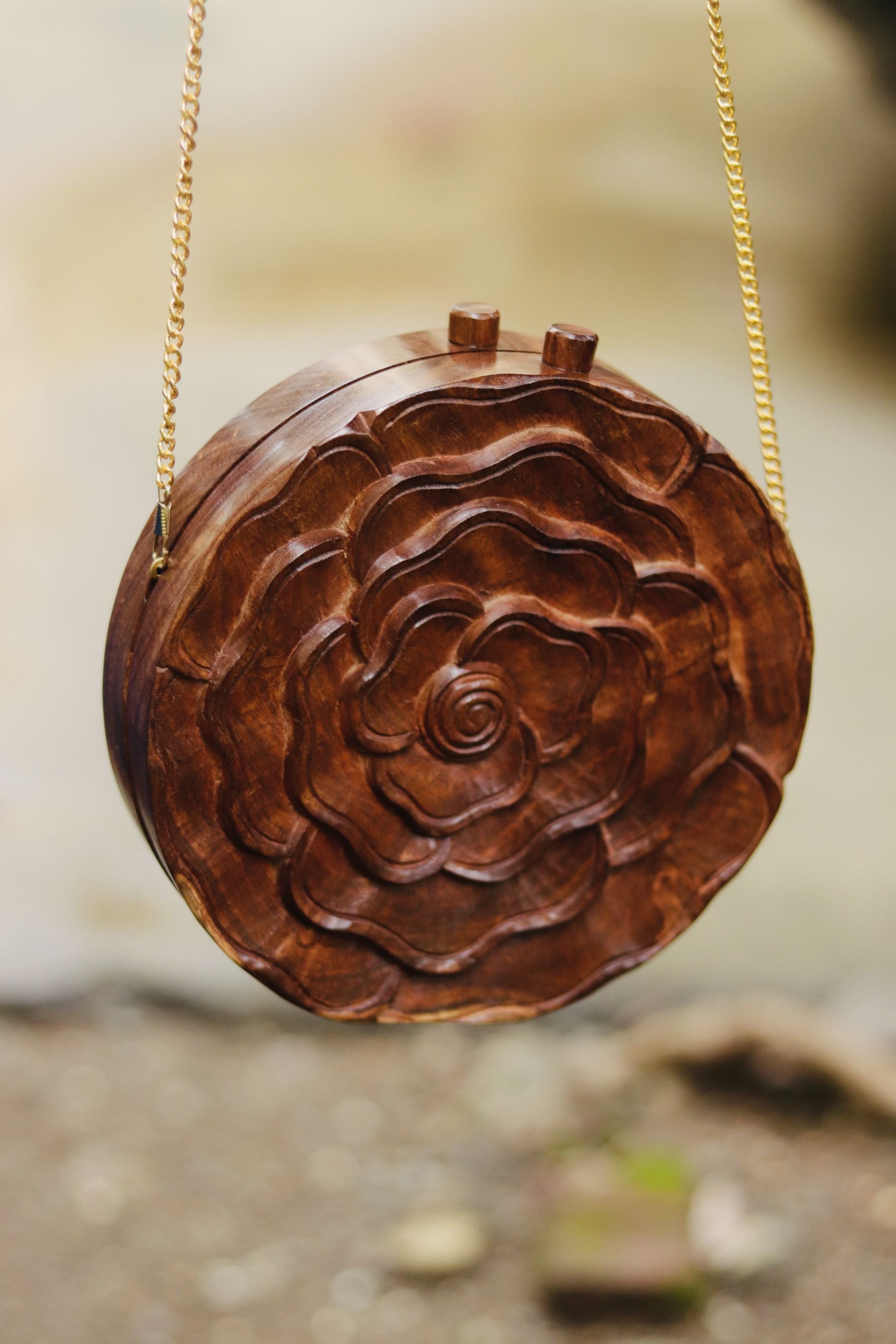 ROSE HAND CARVED HANDBAG IN SHEESHAM WOOD