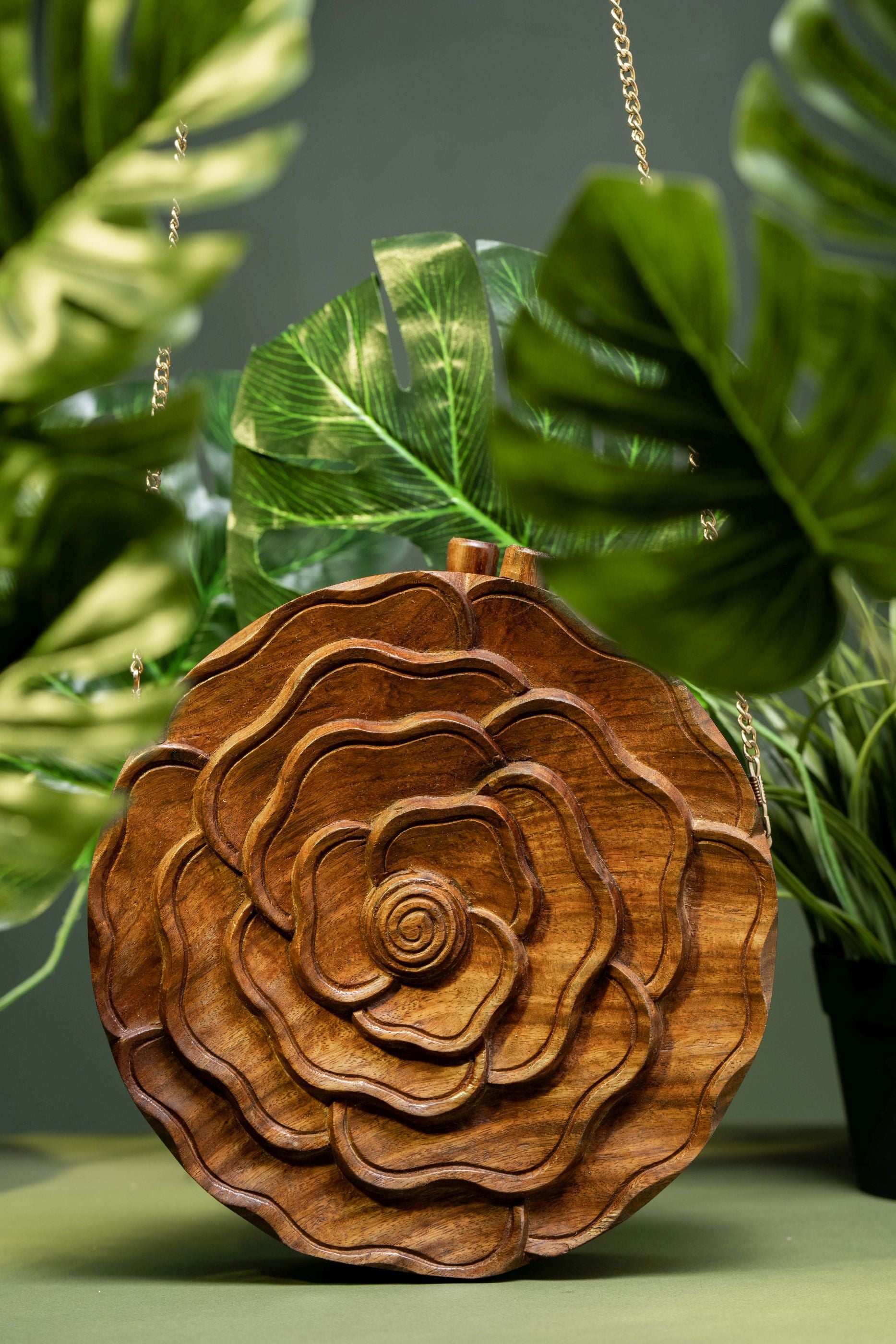 ROSE HAND CARVED HANDBAG IN SHEESHAM WOOD