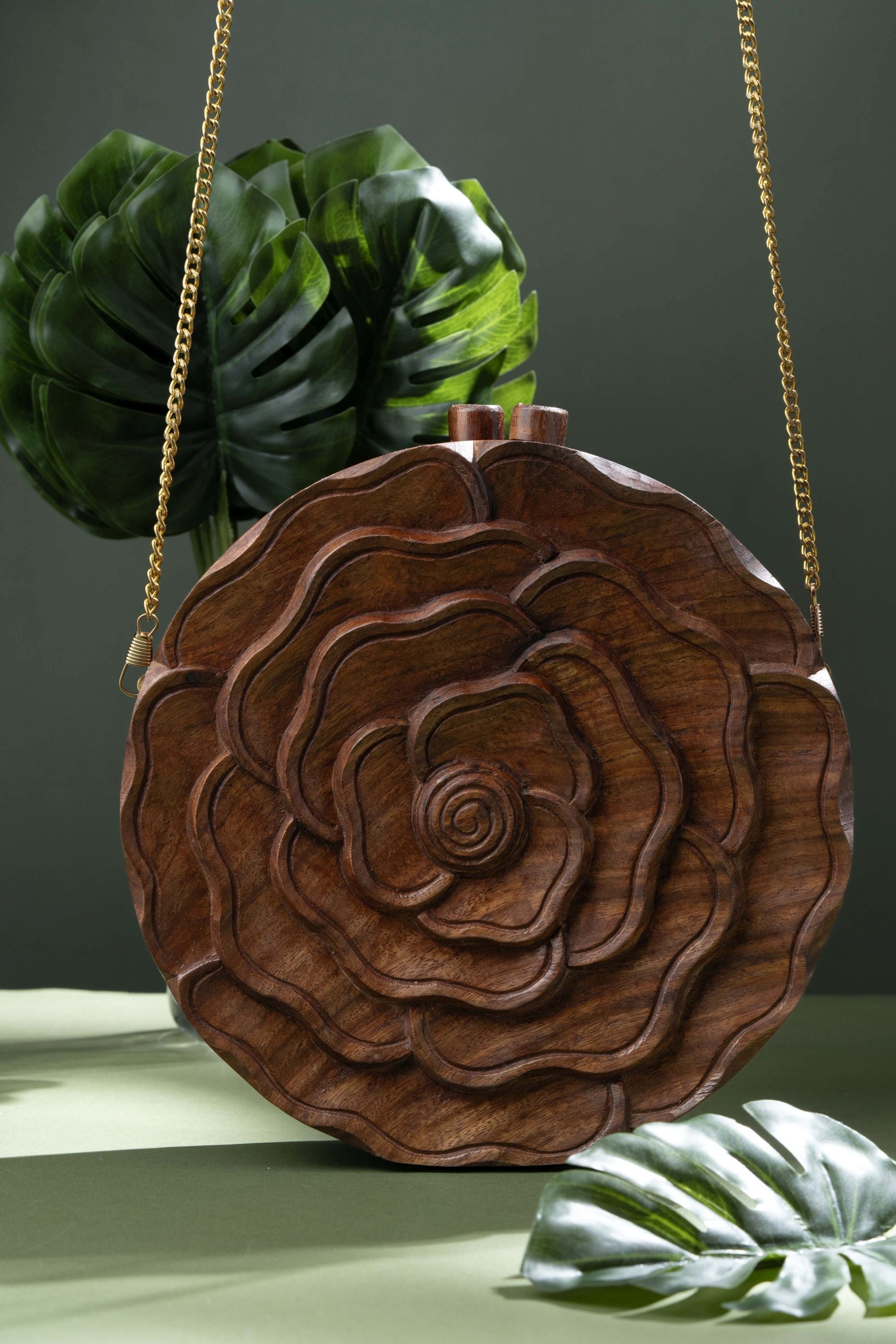 ROSE HAND CARVED HANDBAG IN SHEESHAM WOOD