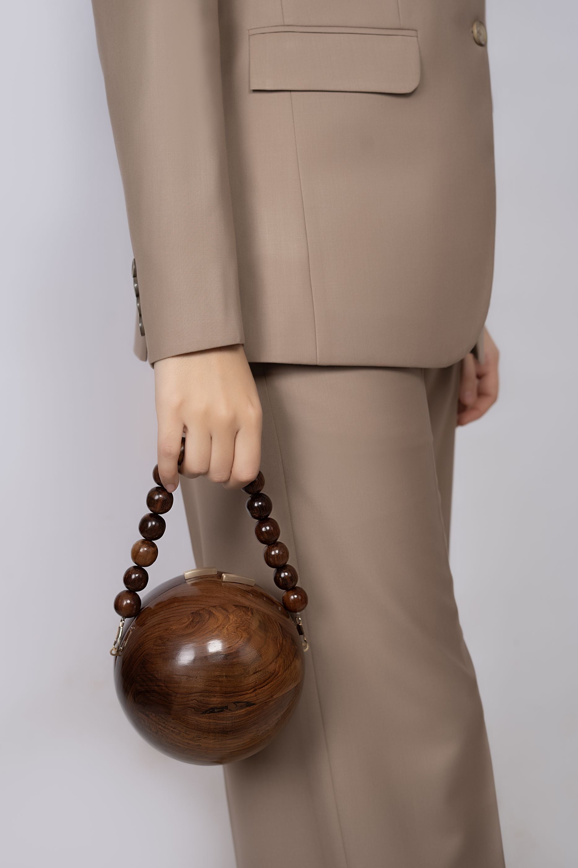 STYLISH GLOBE SOLID WOOD BAG WITH BEADED HANDLE