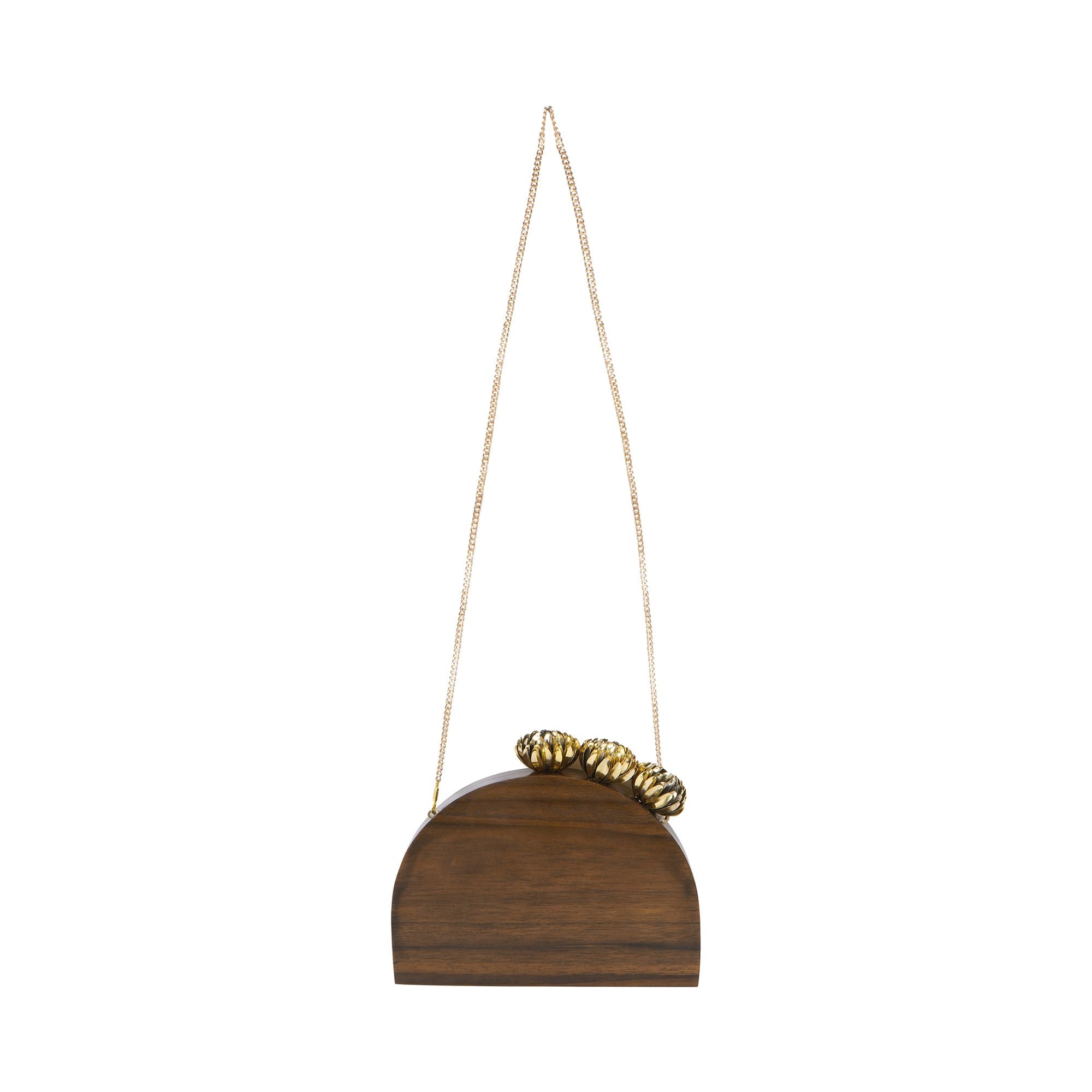 SEMI CIRCLE BAG WITH ORNATE BRASS FLOWERS IN SOLID SHEESHAM WOOD