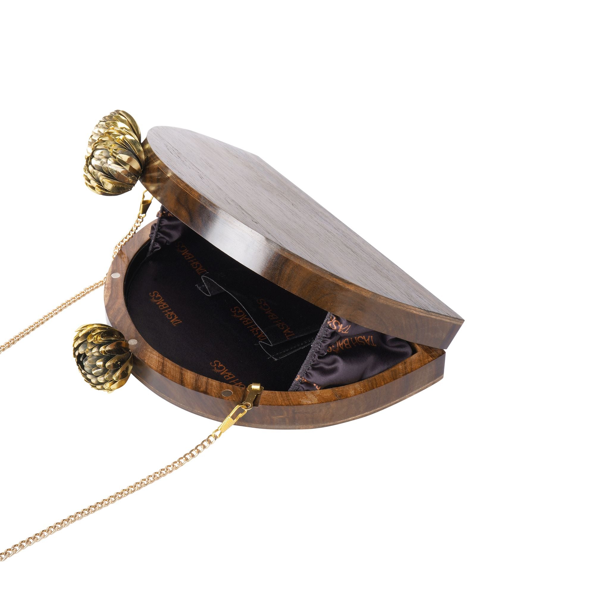 SEMI CIRCLE BAG WITH ORNATE BRASS FLOWERS IN SOLID SHEESHAM WOOD