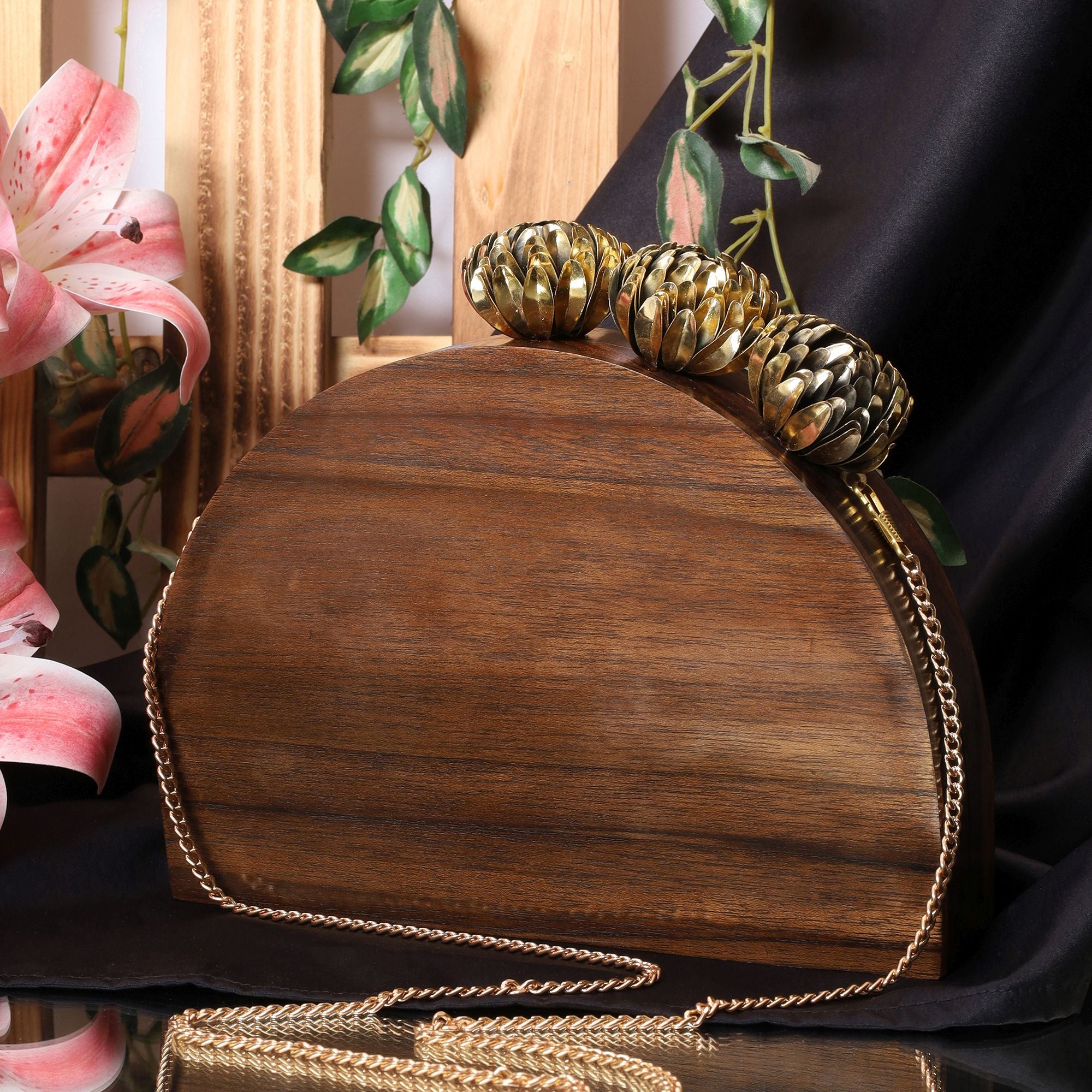 SEMI CIRCLE BAG WITH ORNATE BRASS FLOWERS IN SOLID SHEESHAM WOOD