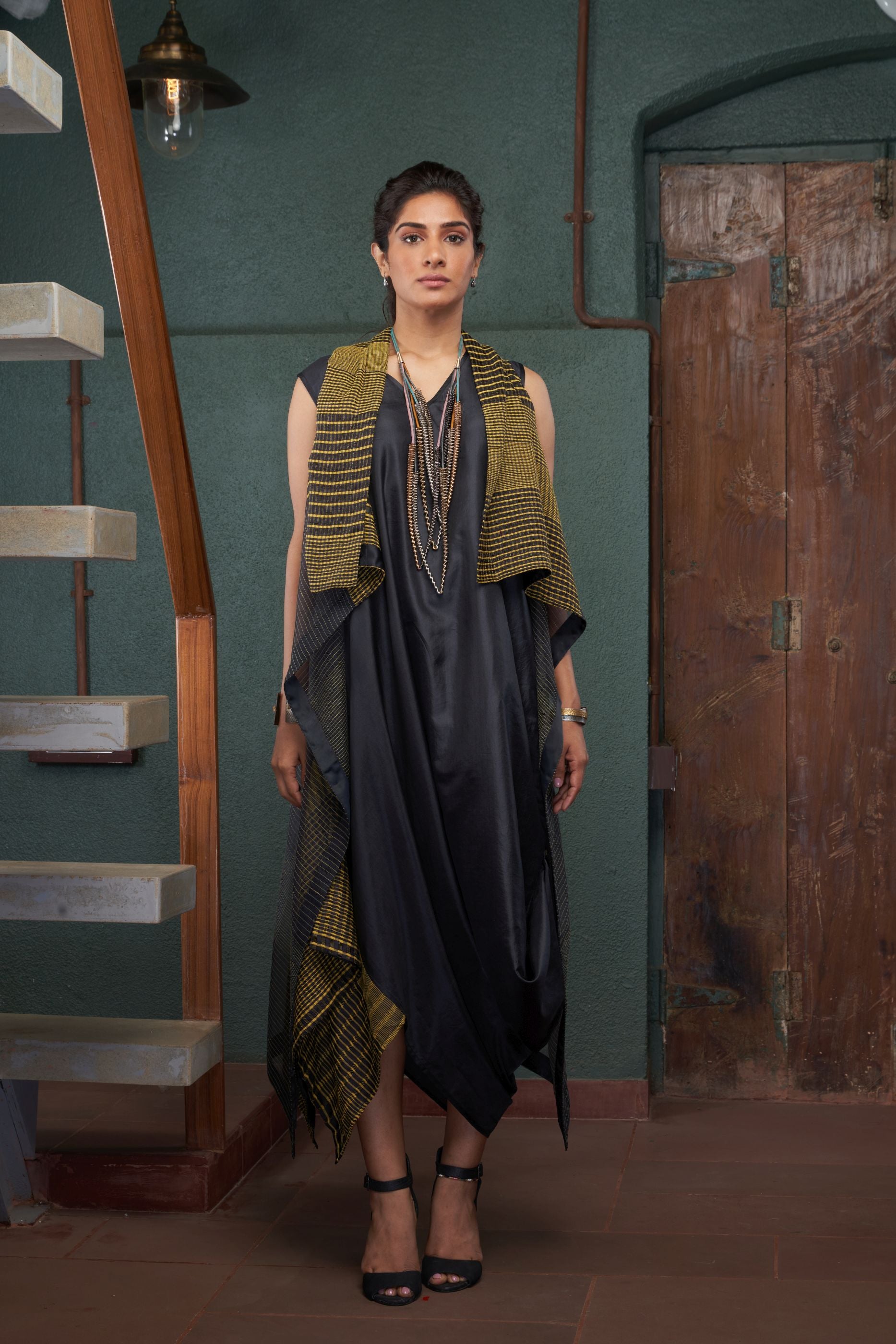 CHARCOAL SILK AND KHADI DRESS SET