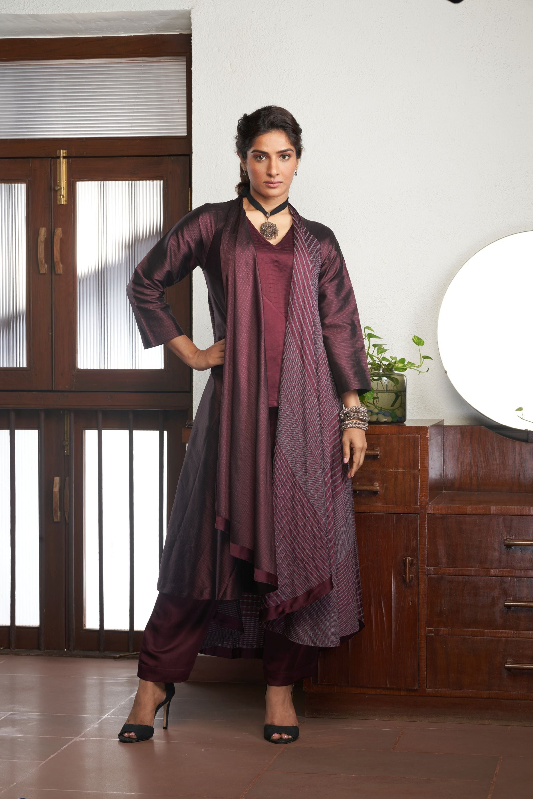 WINE SILK AND KHADI JACKET SET