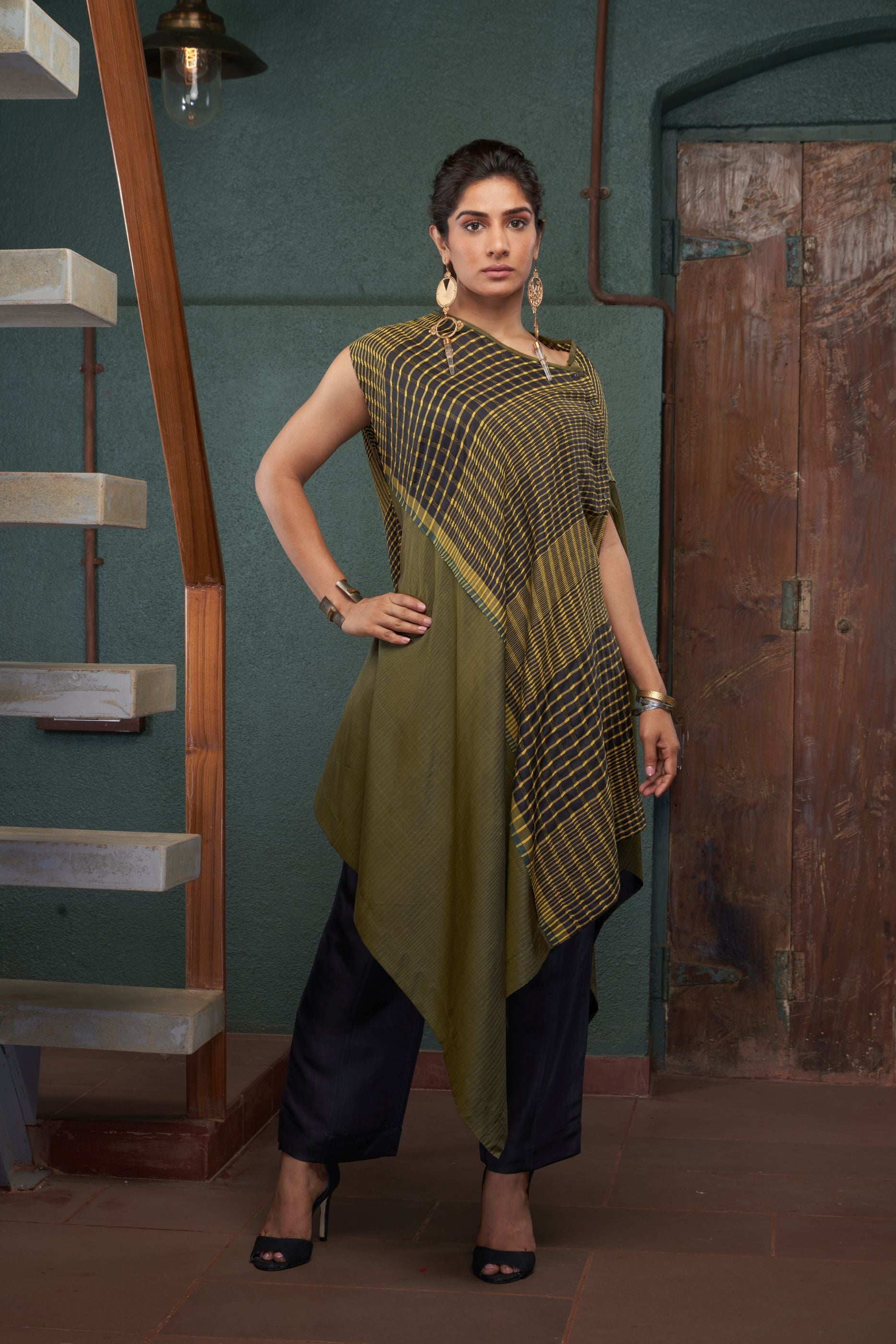 CHARCOAL SILK AND KHADI TUNIC SET