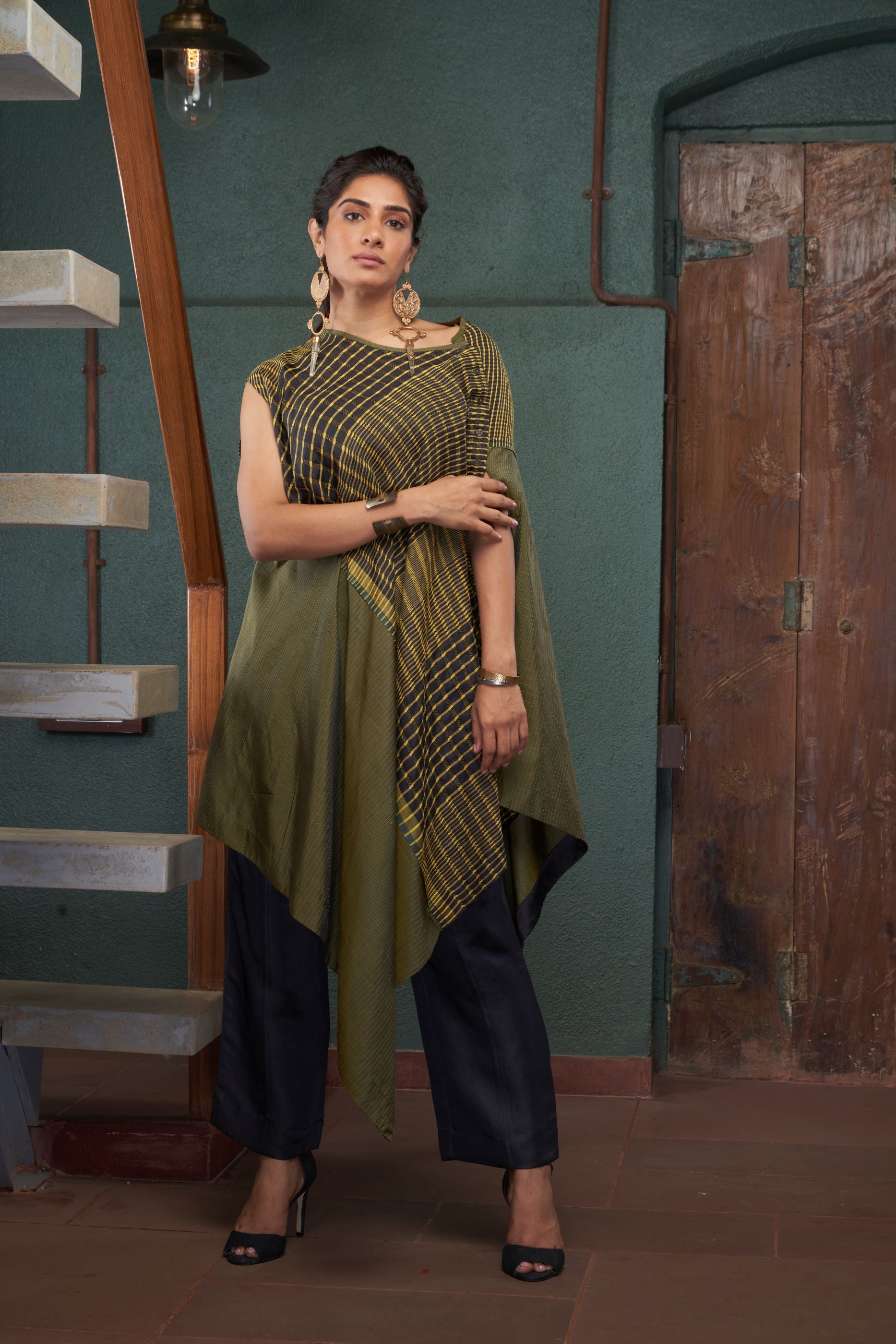 CHARCOAL SILK AND KHADI TUNIC SET