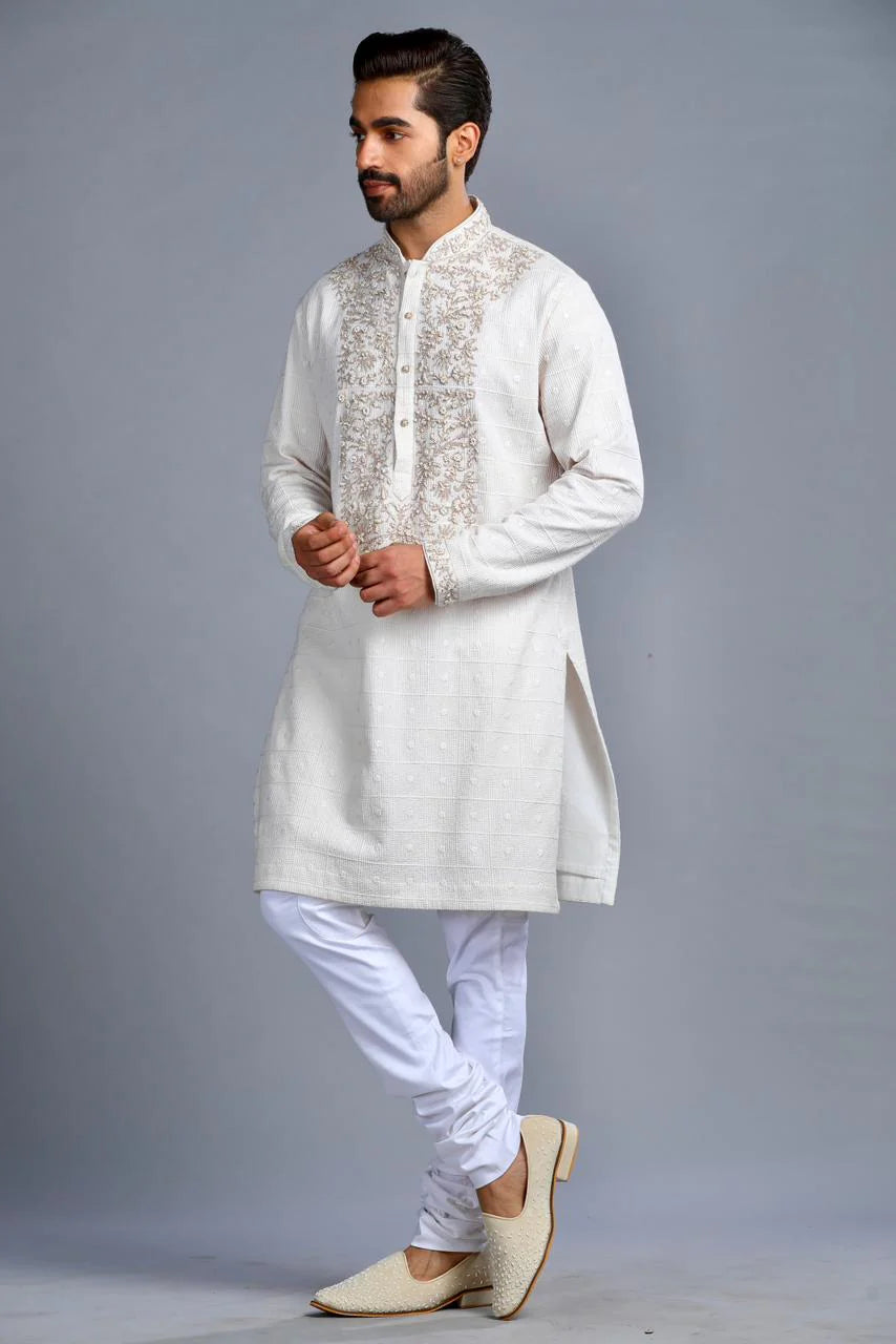 Ivory Cotton Embroidered Kurta