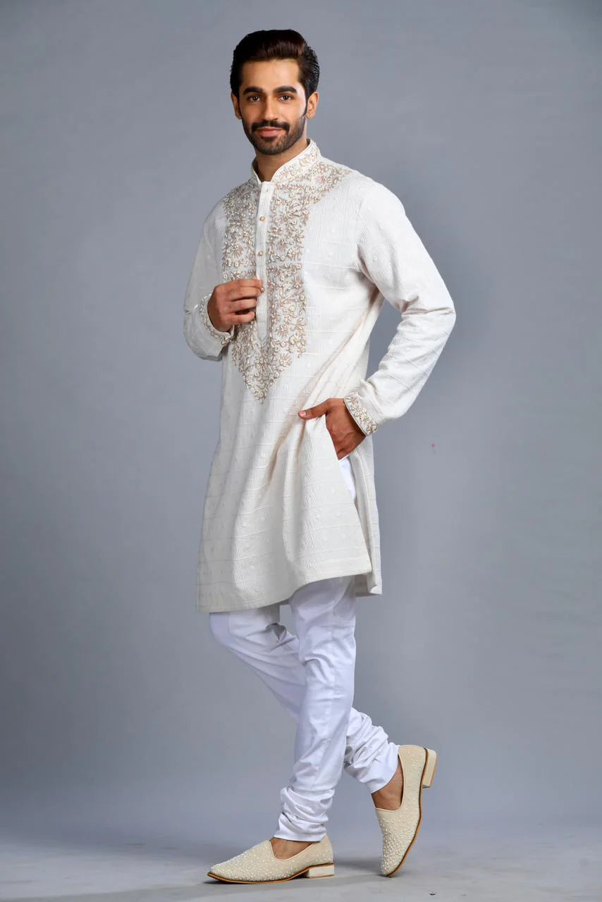Ivory Cotton Embroidered Kurta