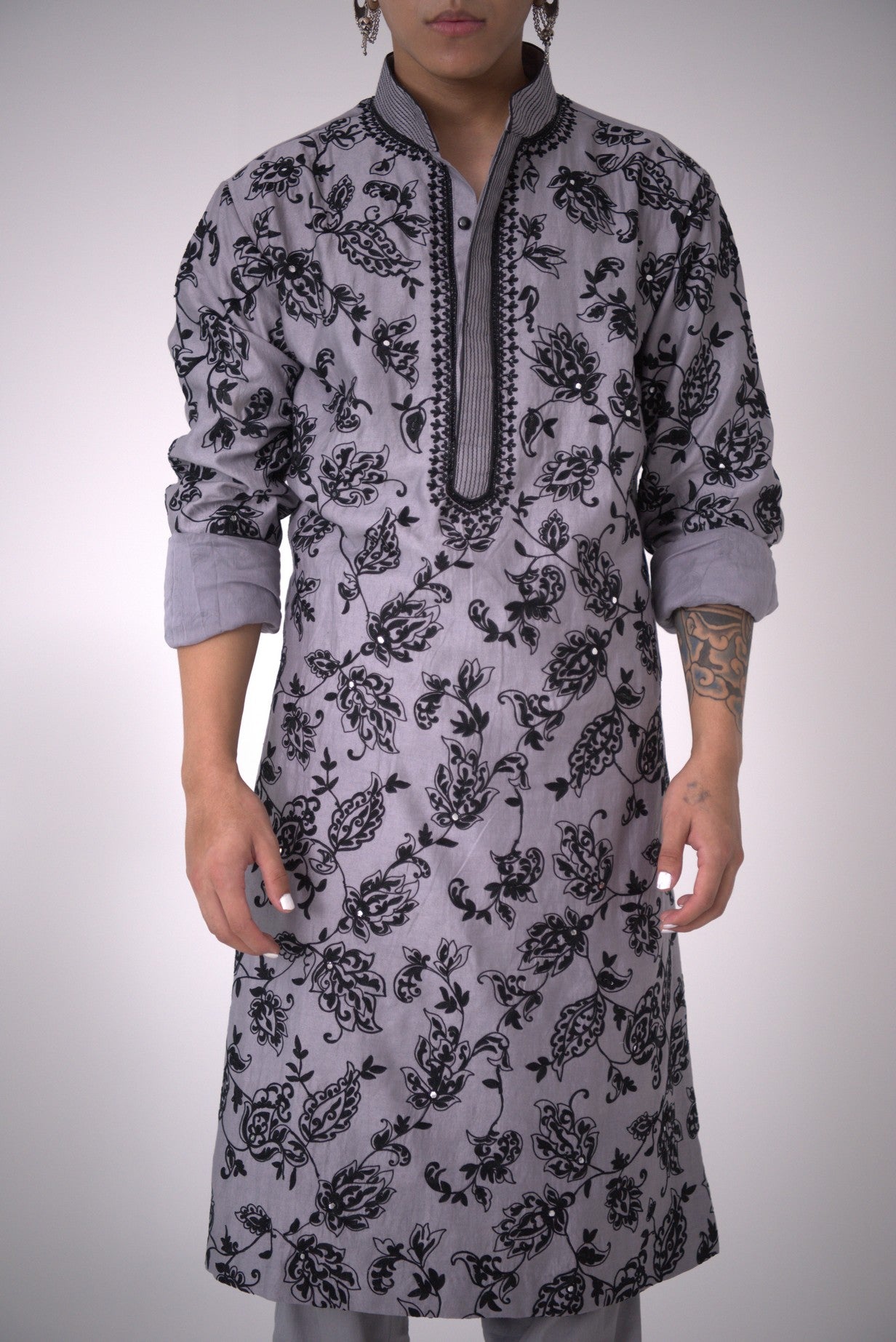 Chanderi Grey Wild Jacobean Kurta With Pants