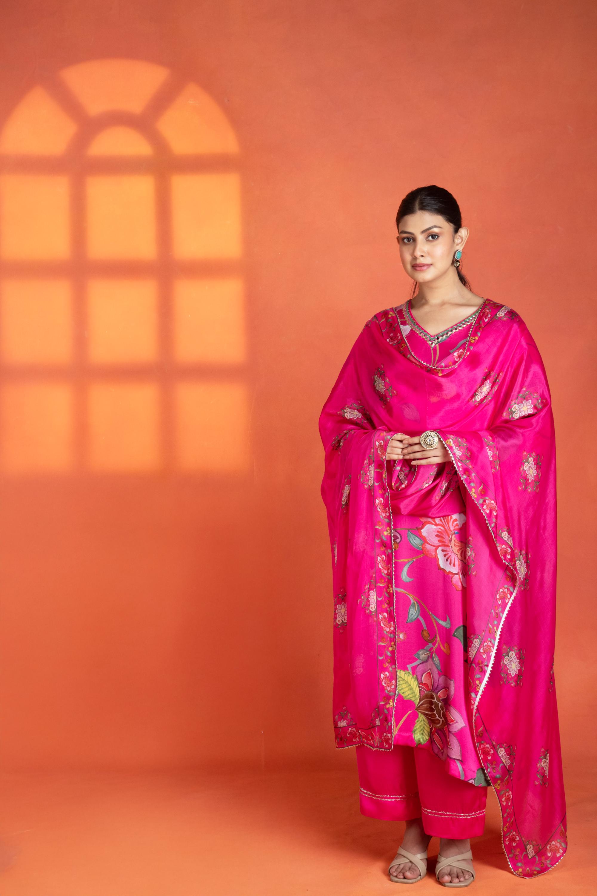 Fushia Floral Printed Kurta with Pants & Dupatta