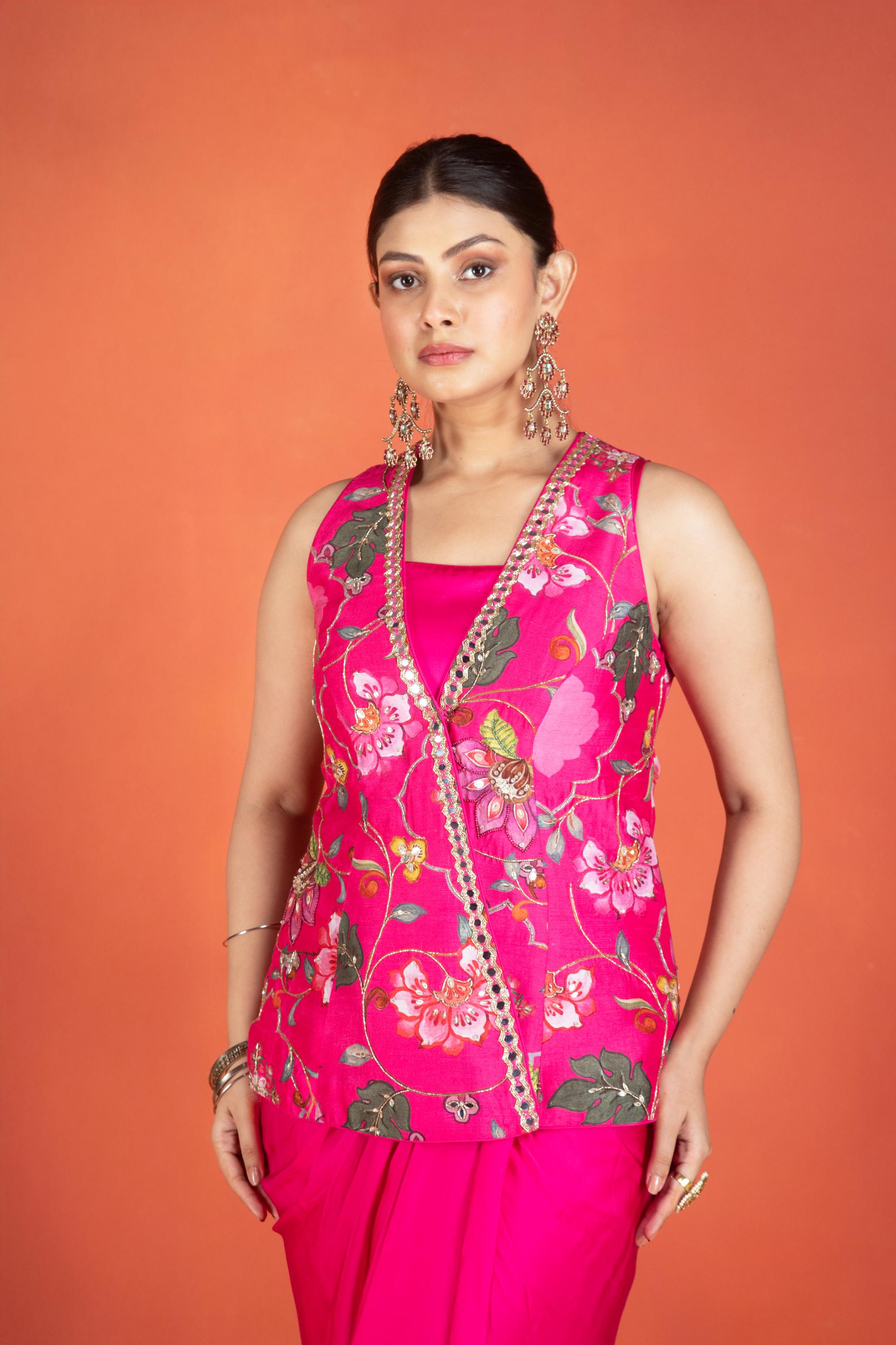 Fuchsia Floral Printed Hand-Embroidered Jacket Styled with Inner & Flowy Drape Skirt
