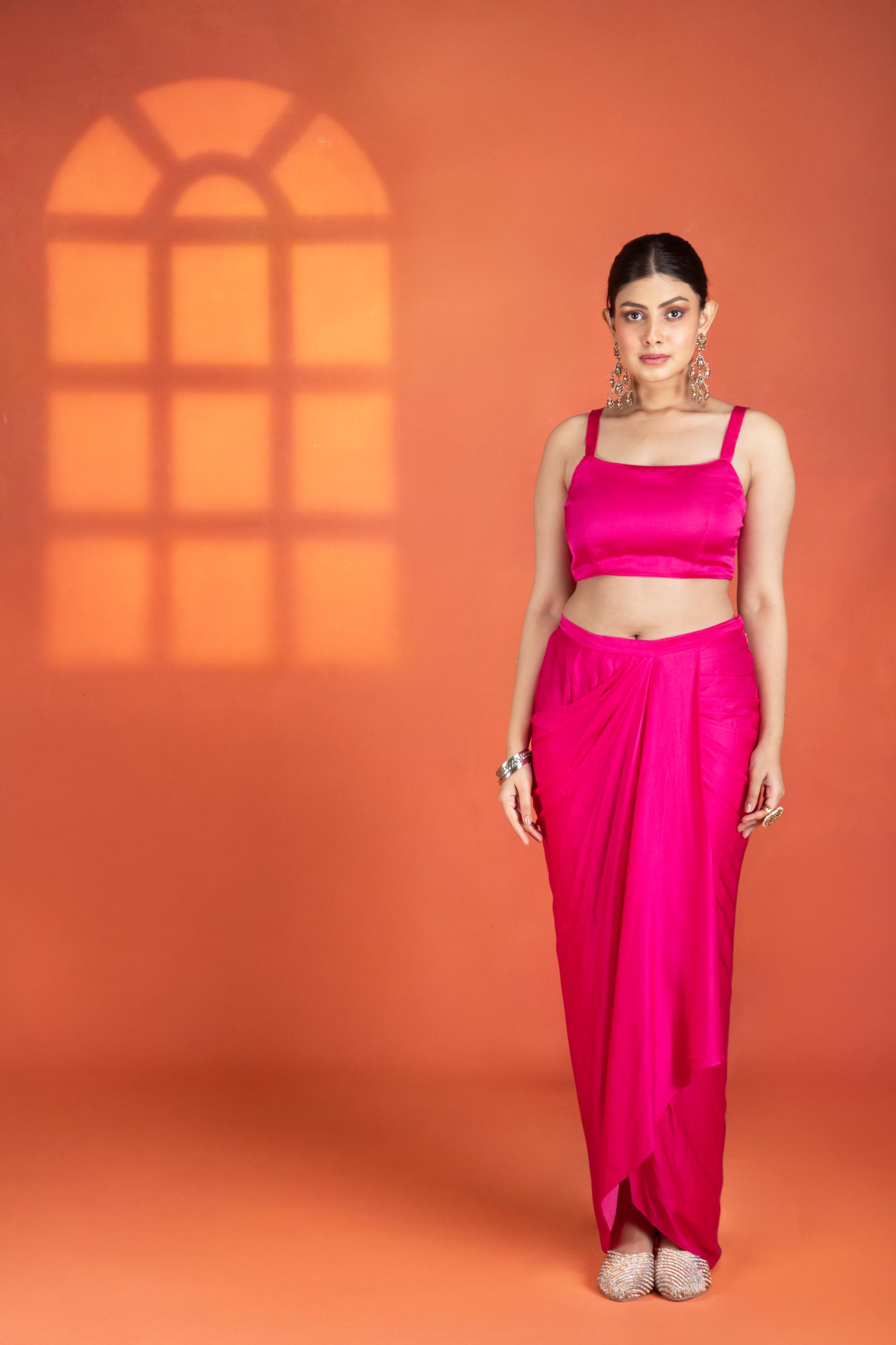 Fuchsia Floral Printed Hand-Embroidered Jacket Styled with Inner & Flowy Drape Skirt