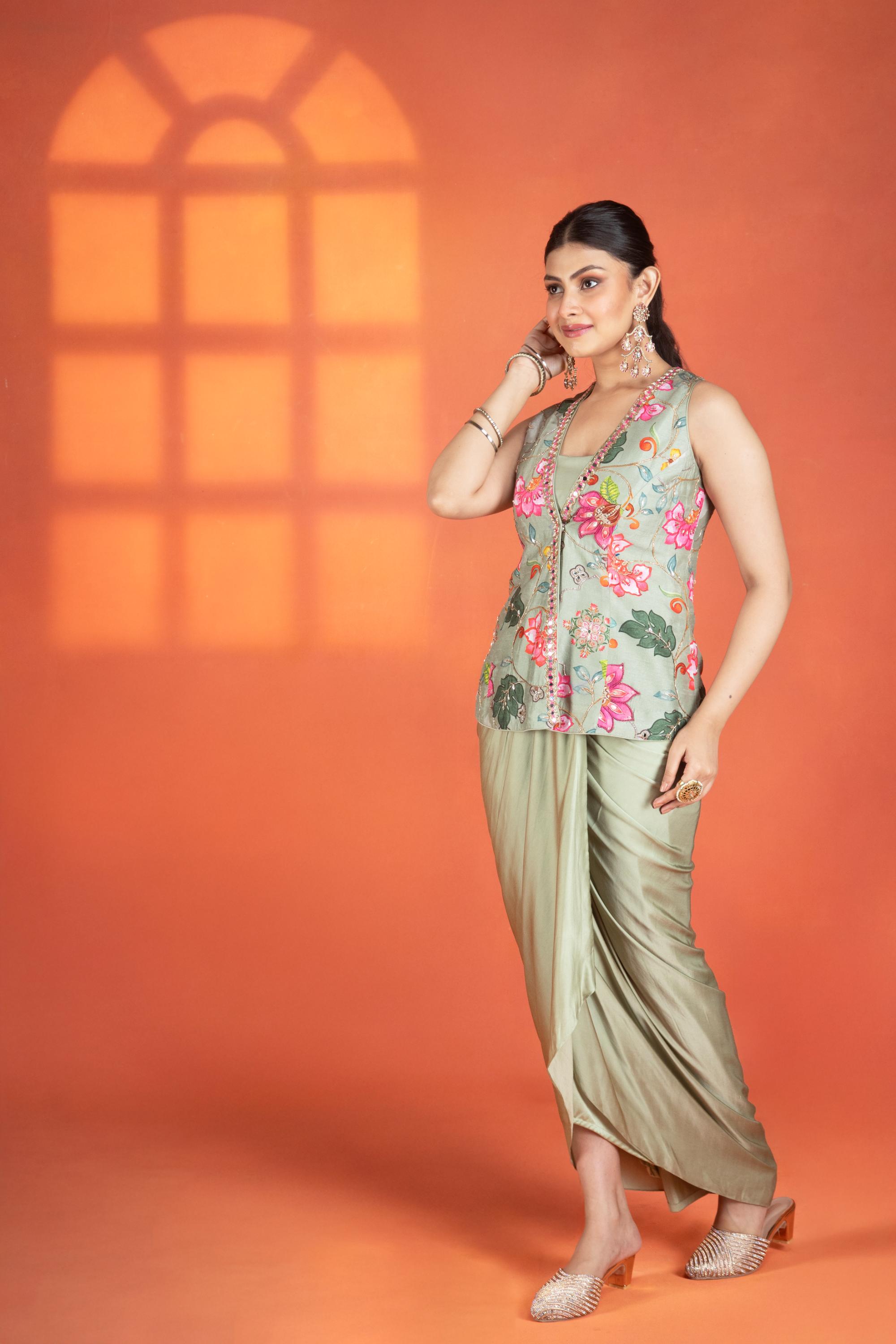 Green Floral Printed Hand-Embroidered Jacket Styled with Inner & Flowy Drape Skirt