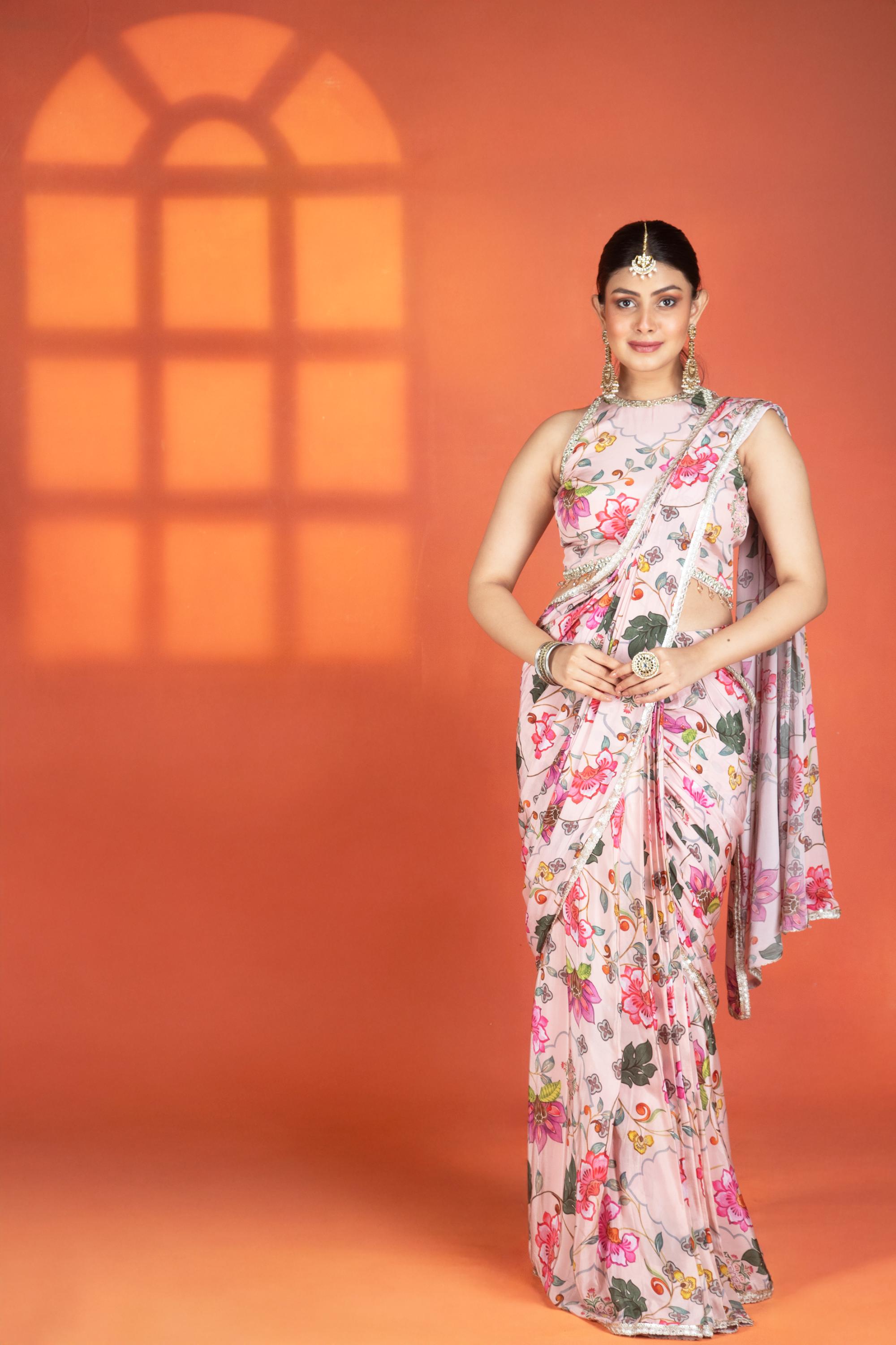 Pink Floral Printed Drape Saree with Mirror Work Halter Neck Blouse