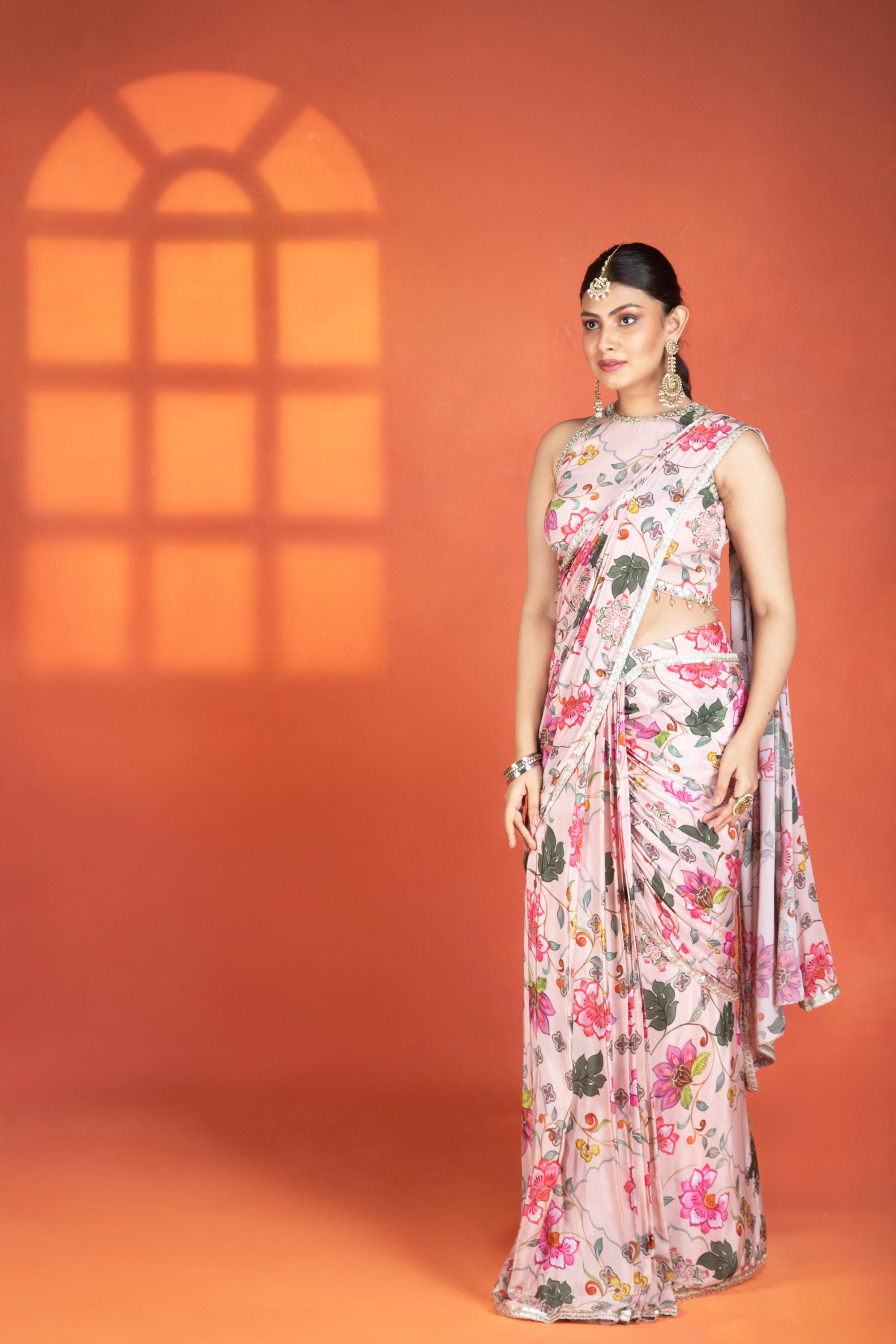 Pink Floral Printed Drape Saree with Mirror Work Halter Neck Blouse