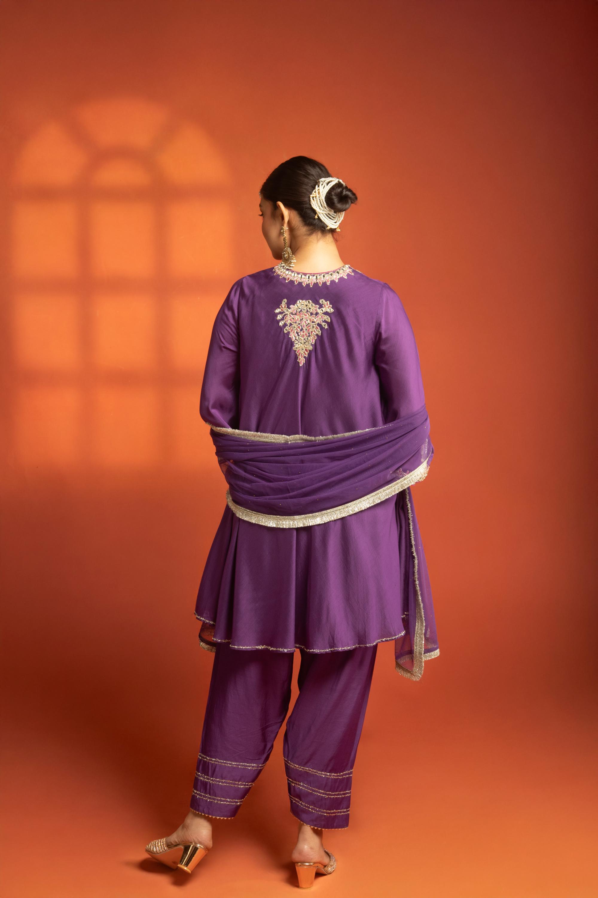 Purple Short Flared Kurta with Embroidery, Paired with Salwar Pants & Dupatta