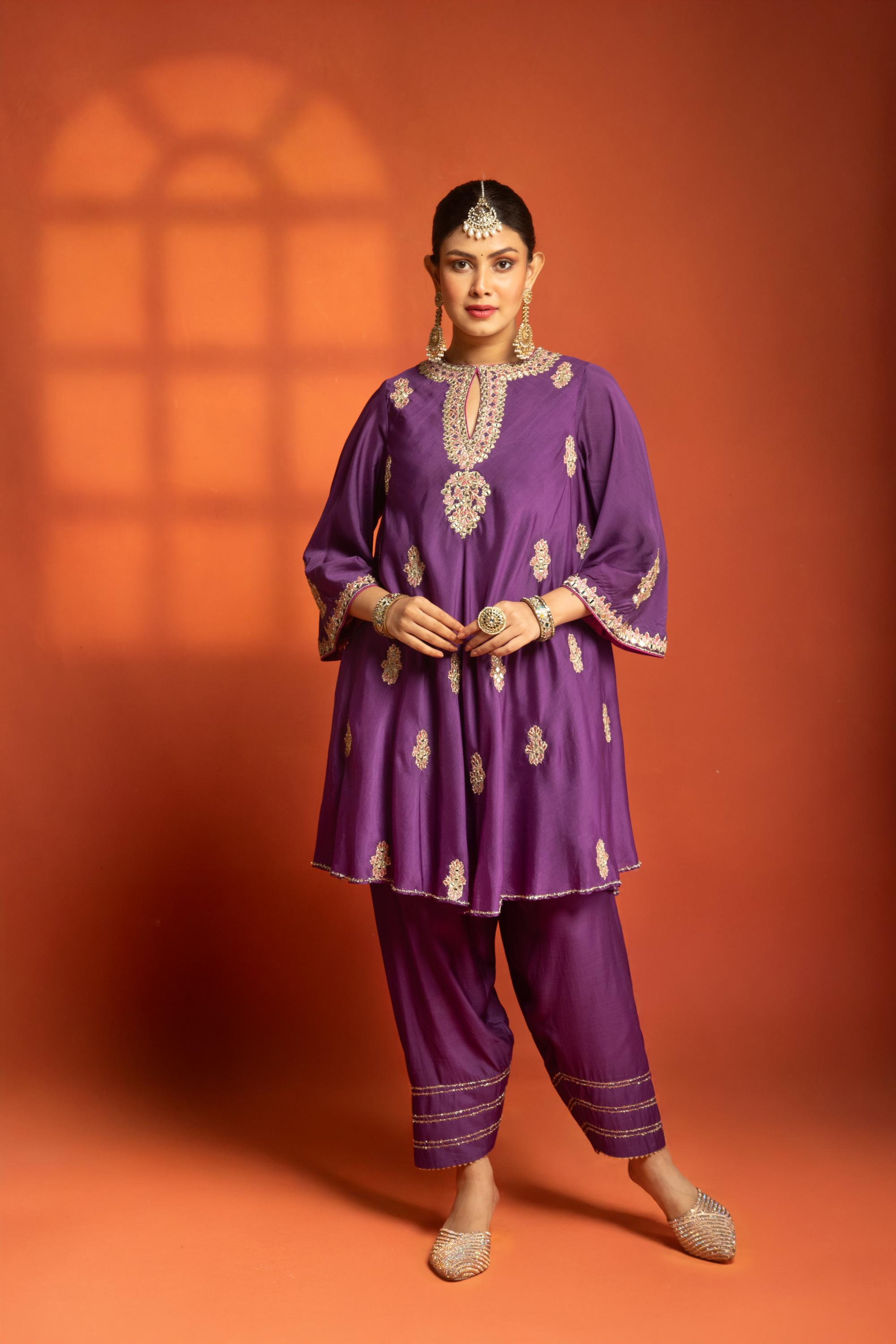 Purple Short Flared Kurta with Embroidery, Paired with Salwar Pants & Dupatta