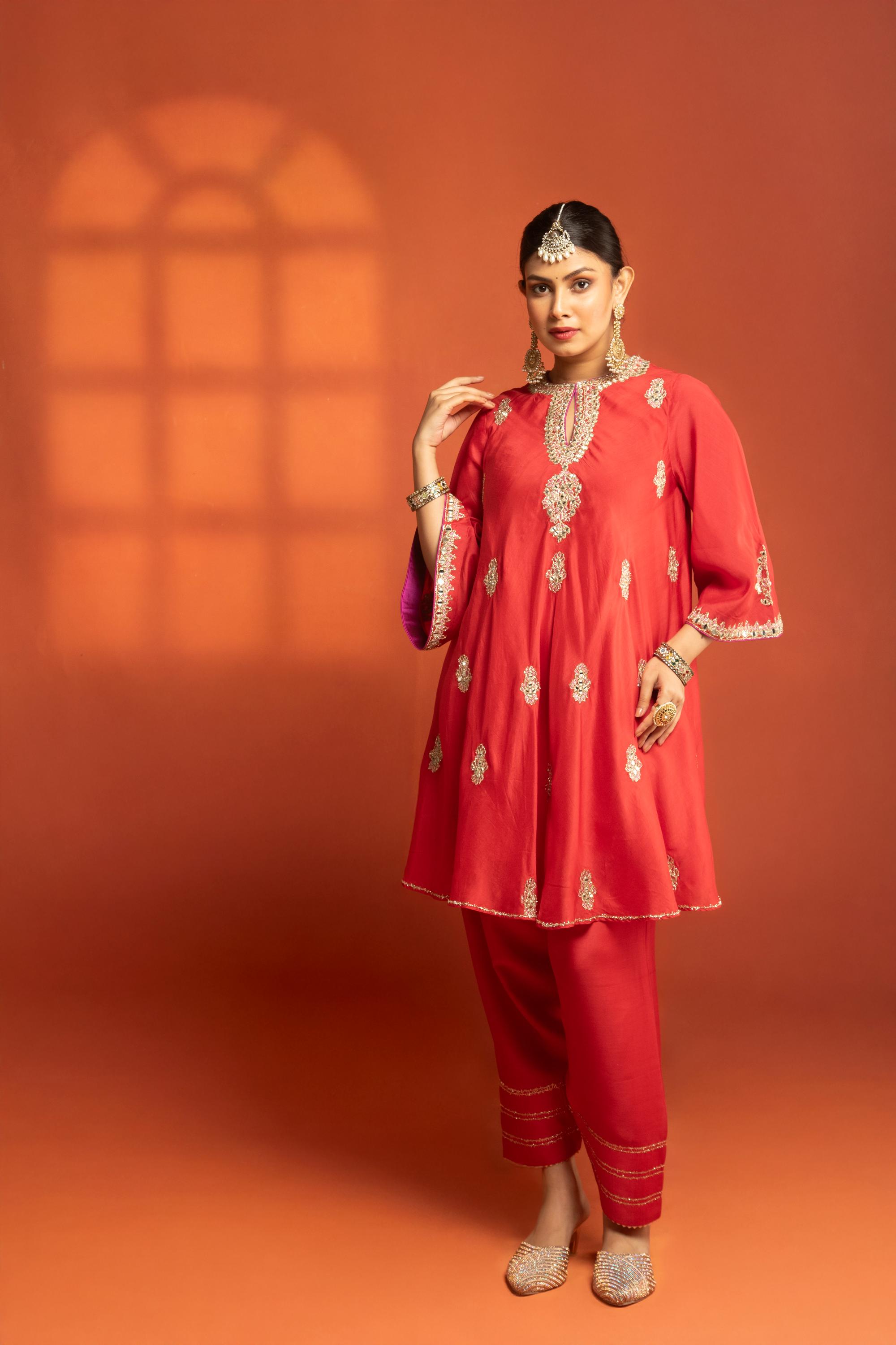 Red Short Flared Kurta with Embroidery, Paired with Salwar Pants & Dupatta