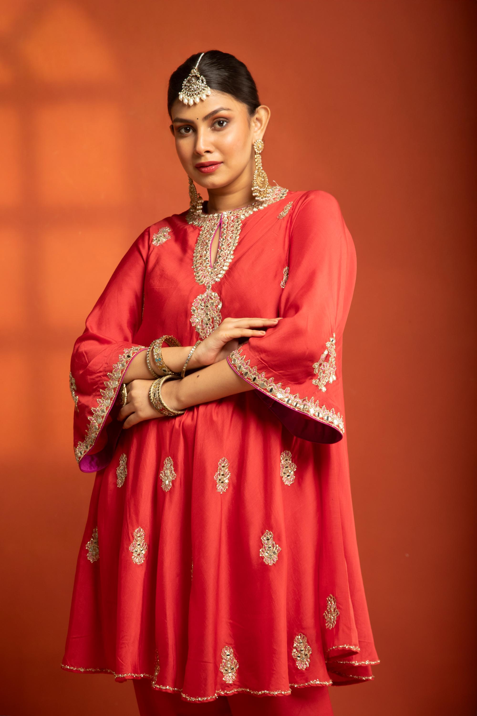Red Short Flared Kurta with Embroidery, Paired with Salwar Pants & Dupatta