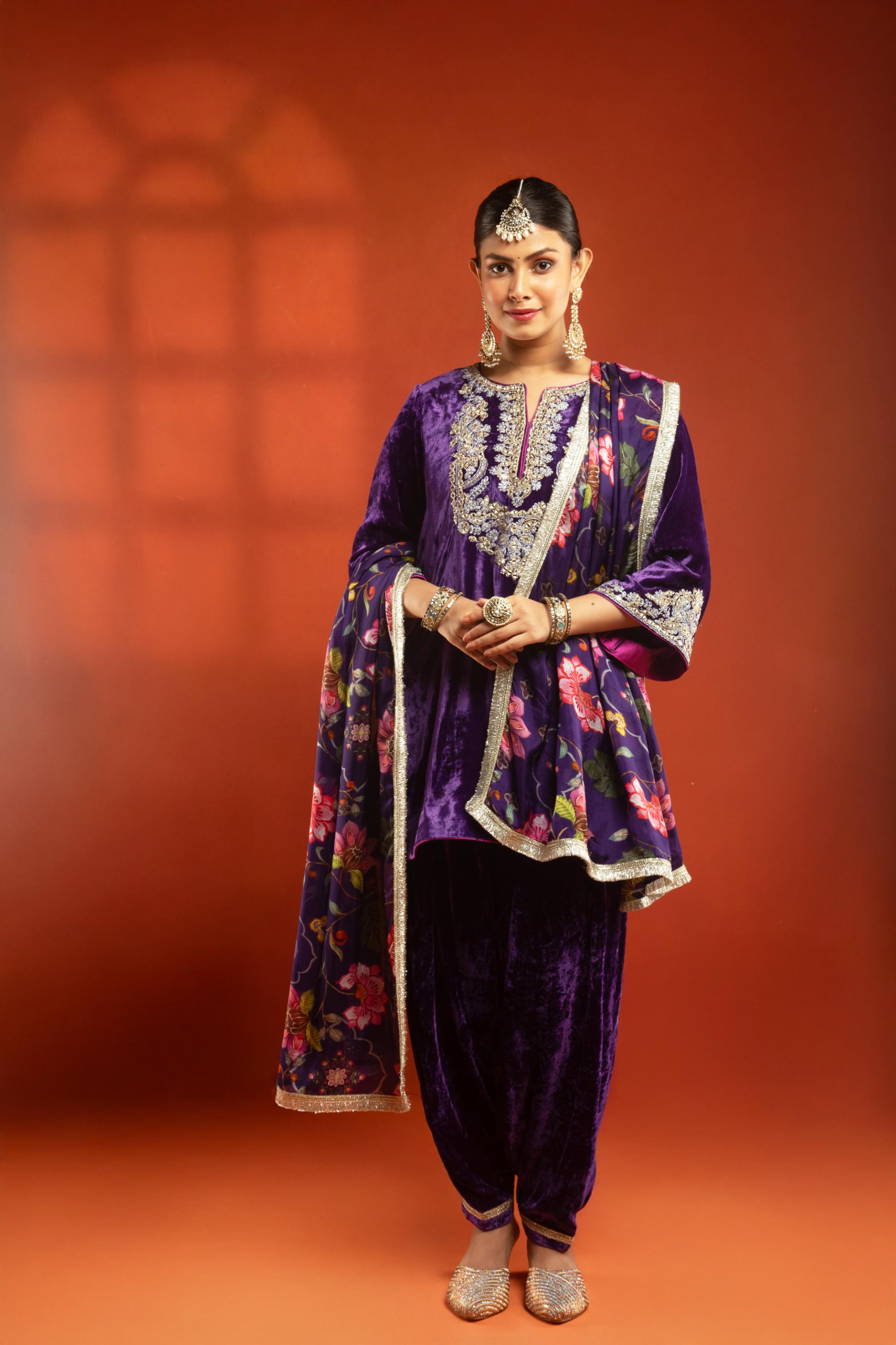 Purple Embroidered Short Kurta with Dhoti Salwar & Printed Dupatta