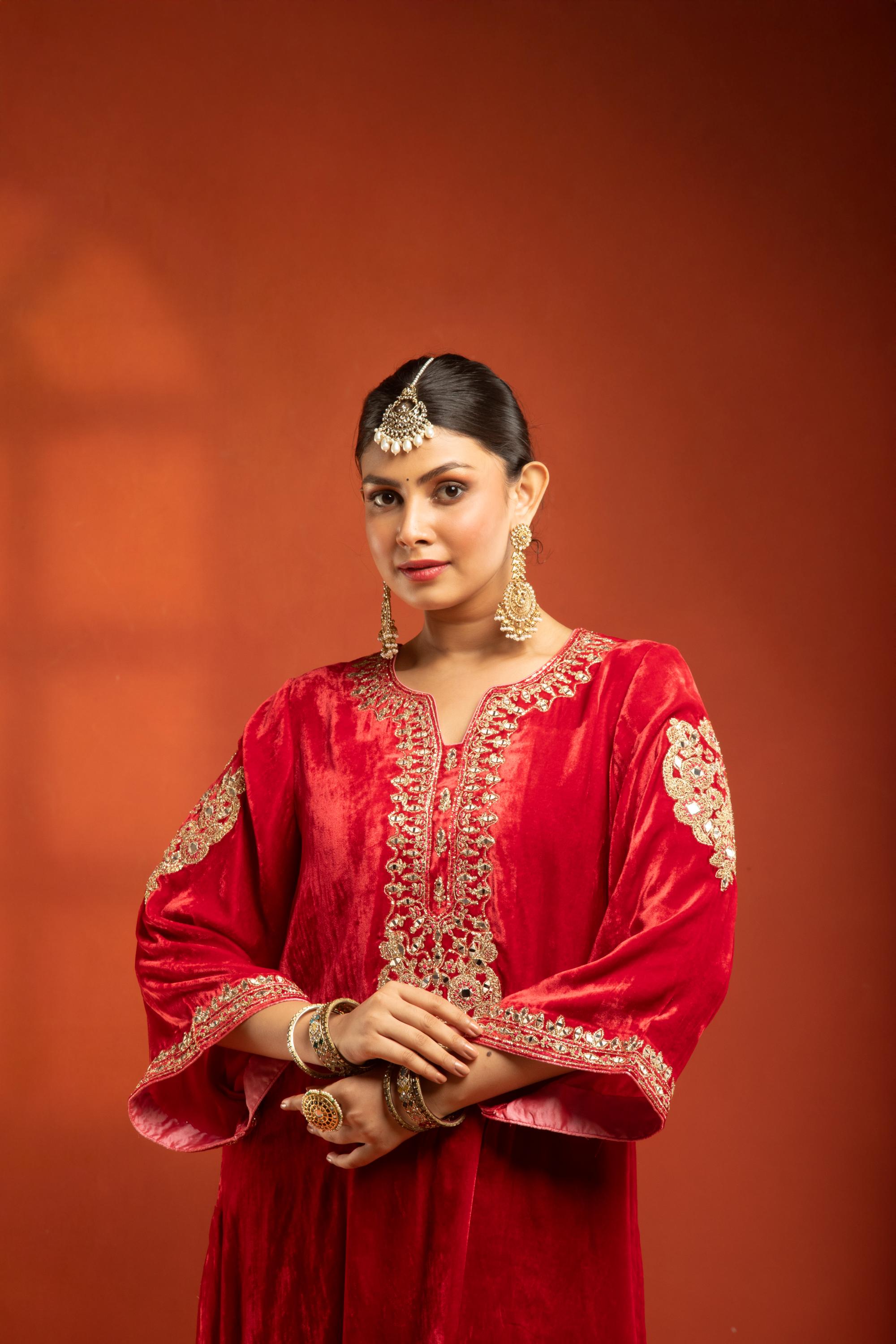 Red Silk Velvet Embroidered Kurta with Printed Salwar Pants & Dupatta