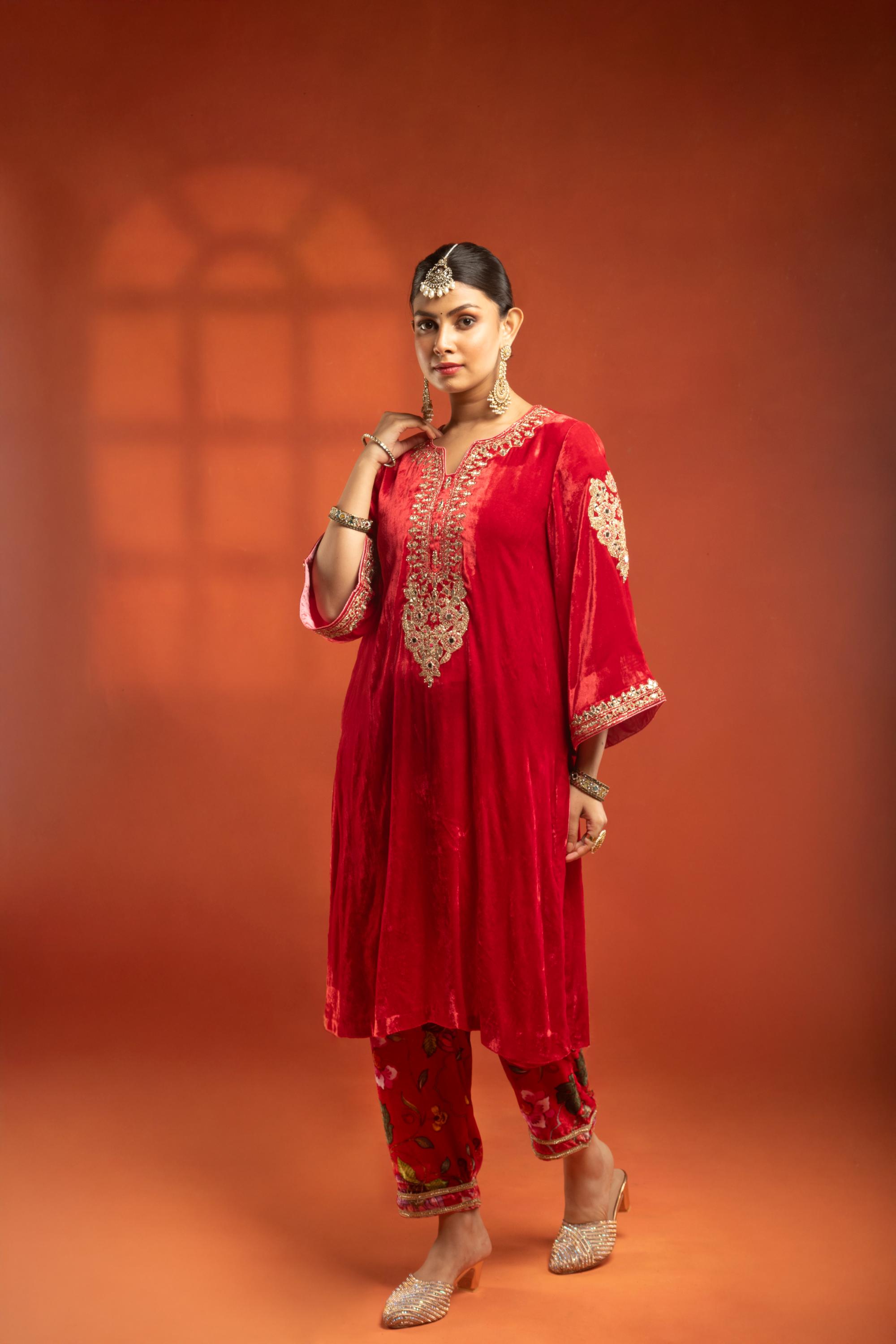 Red Silk Velvet Embroidered Kurta with Printed Salwar Pants & Dupatta