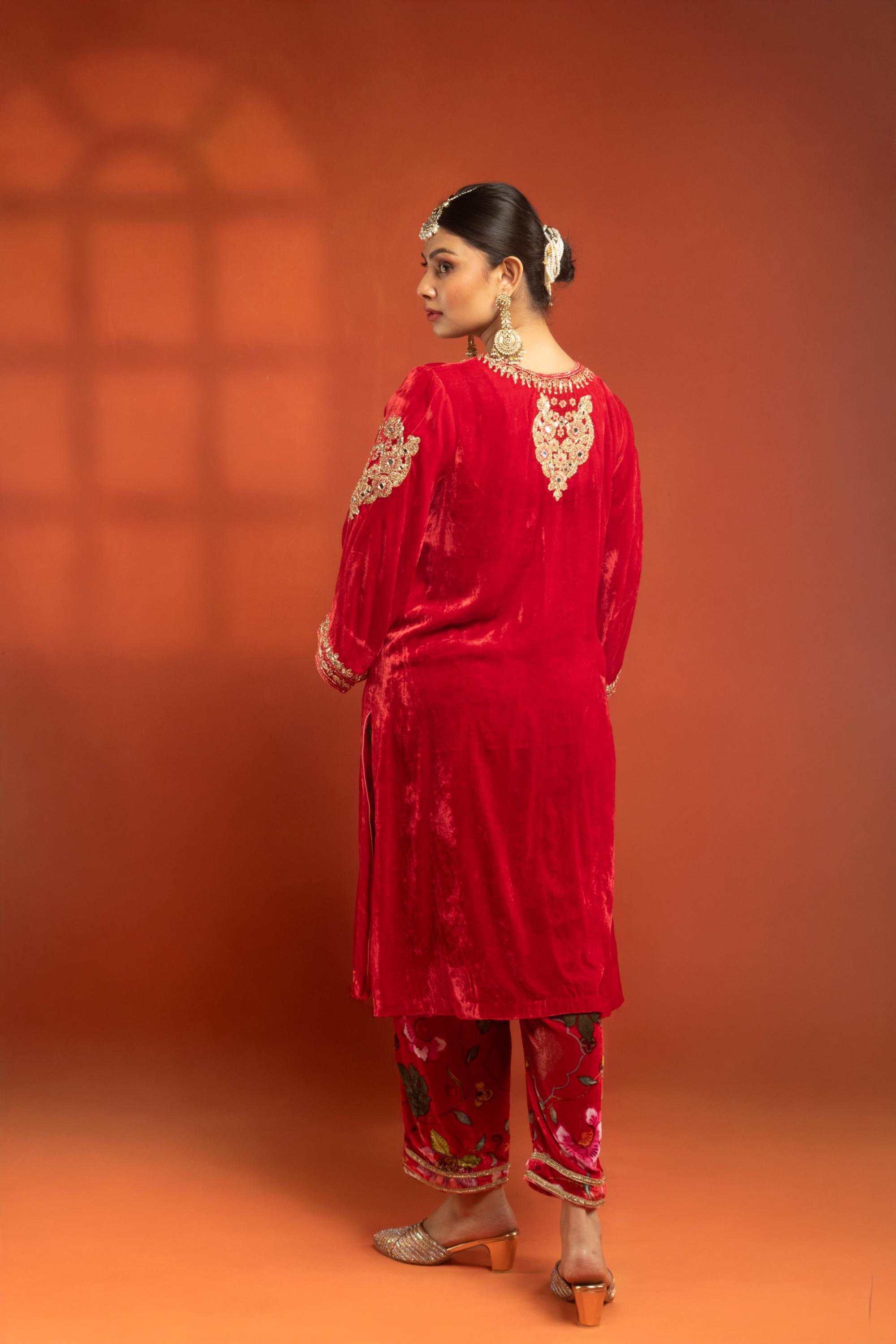 Red Silk Velvet Embroidered Kurta with Printed Salwar Pants & Dupatta