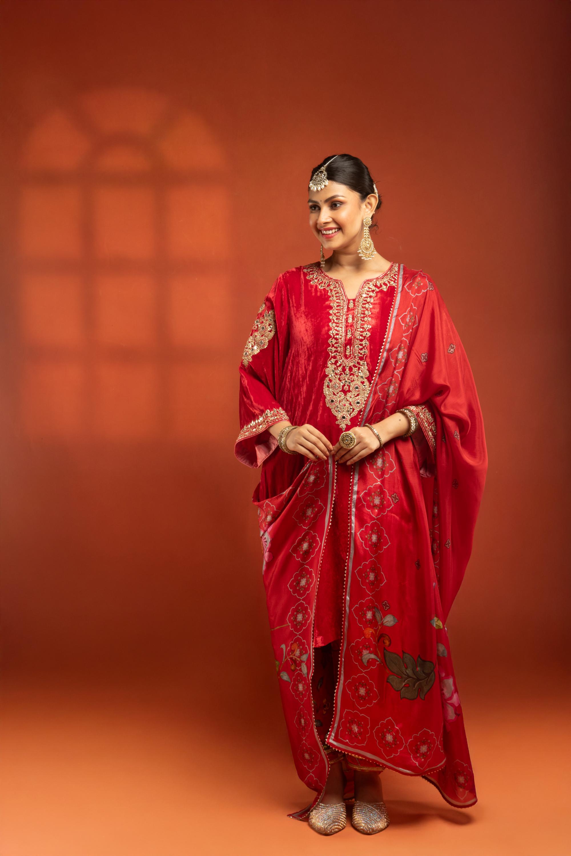 Red Silk Velvet Embroidered Kurta with Printed Salwar Pants & Dupatta