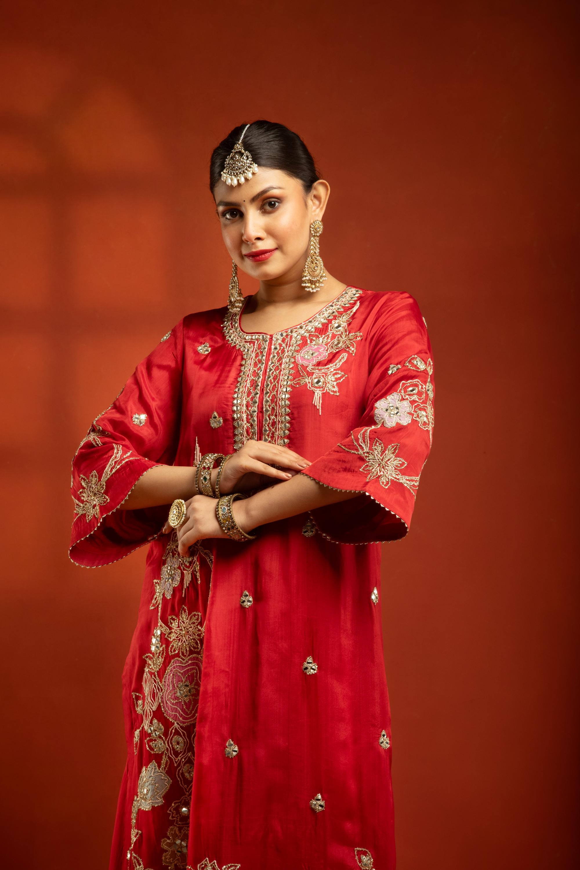 Red Embroidered Kurta with Pants & Net Dupatta